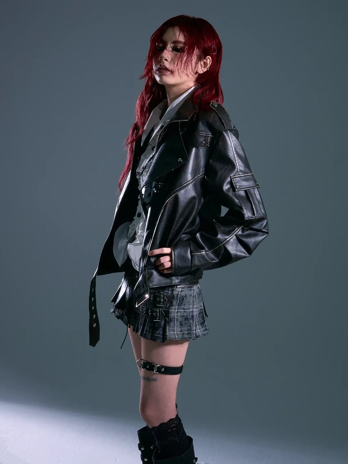 Frustration Garden Vintage Distressed Print Loose Fit Leather Jacket