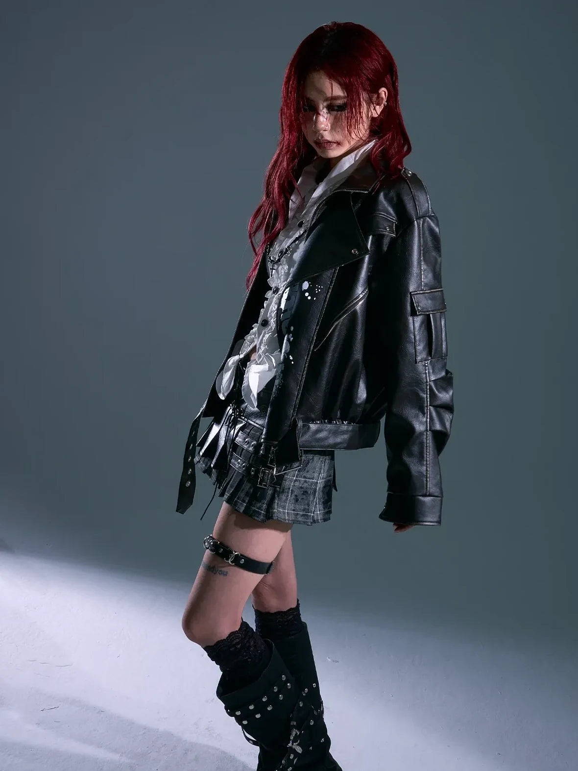 Frustration Garden Vintage Distressed Print Loose Fit Leather Jacket