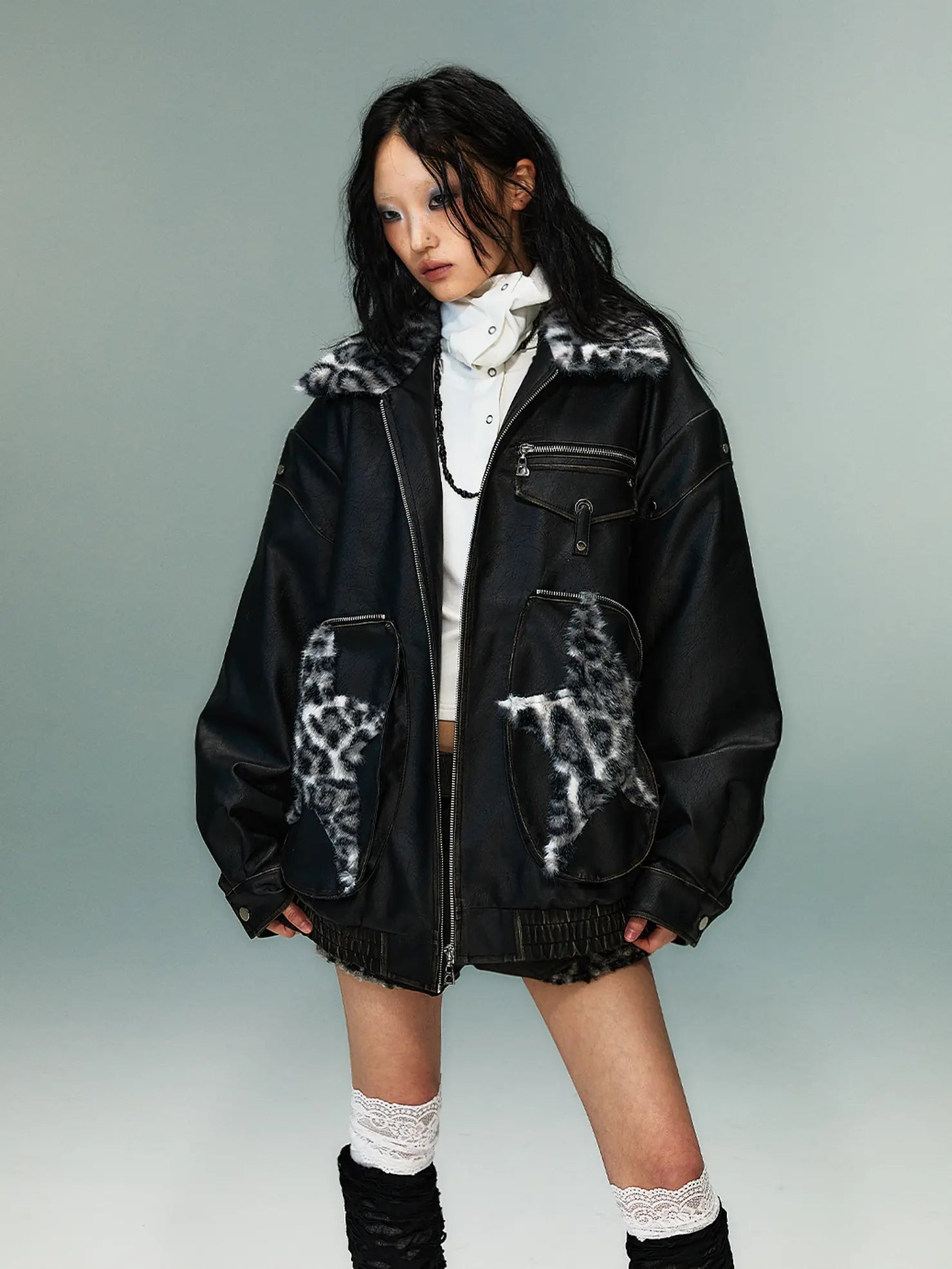 Frustration Garden Vintage Faded Star Leopard Print Pu Jacket