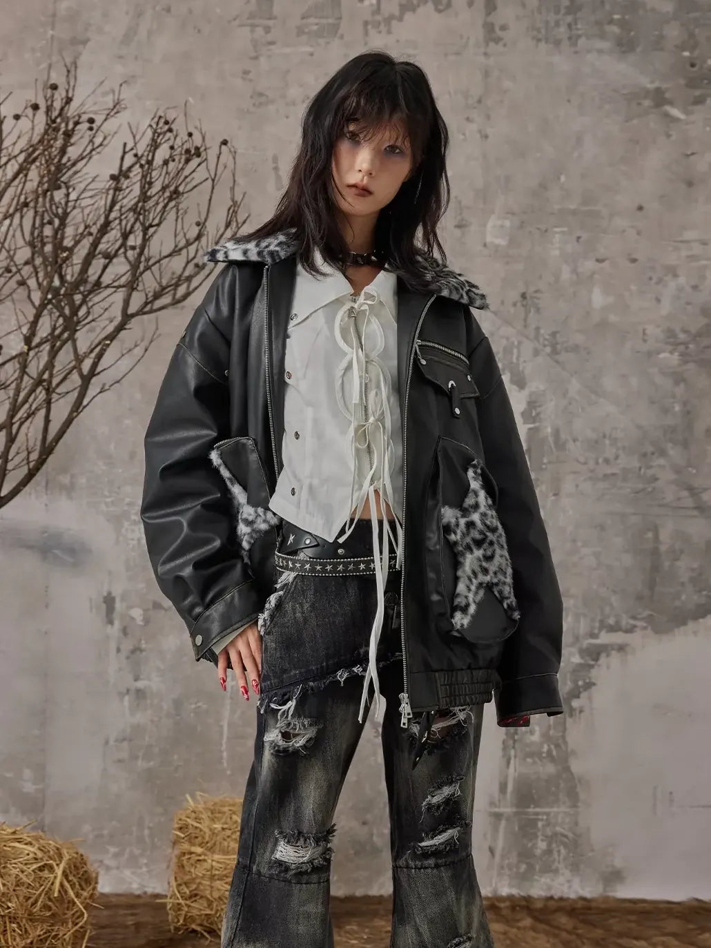 Frustration Garden Vintage Faded Star Leopard Print Pu Jacket