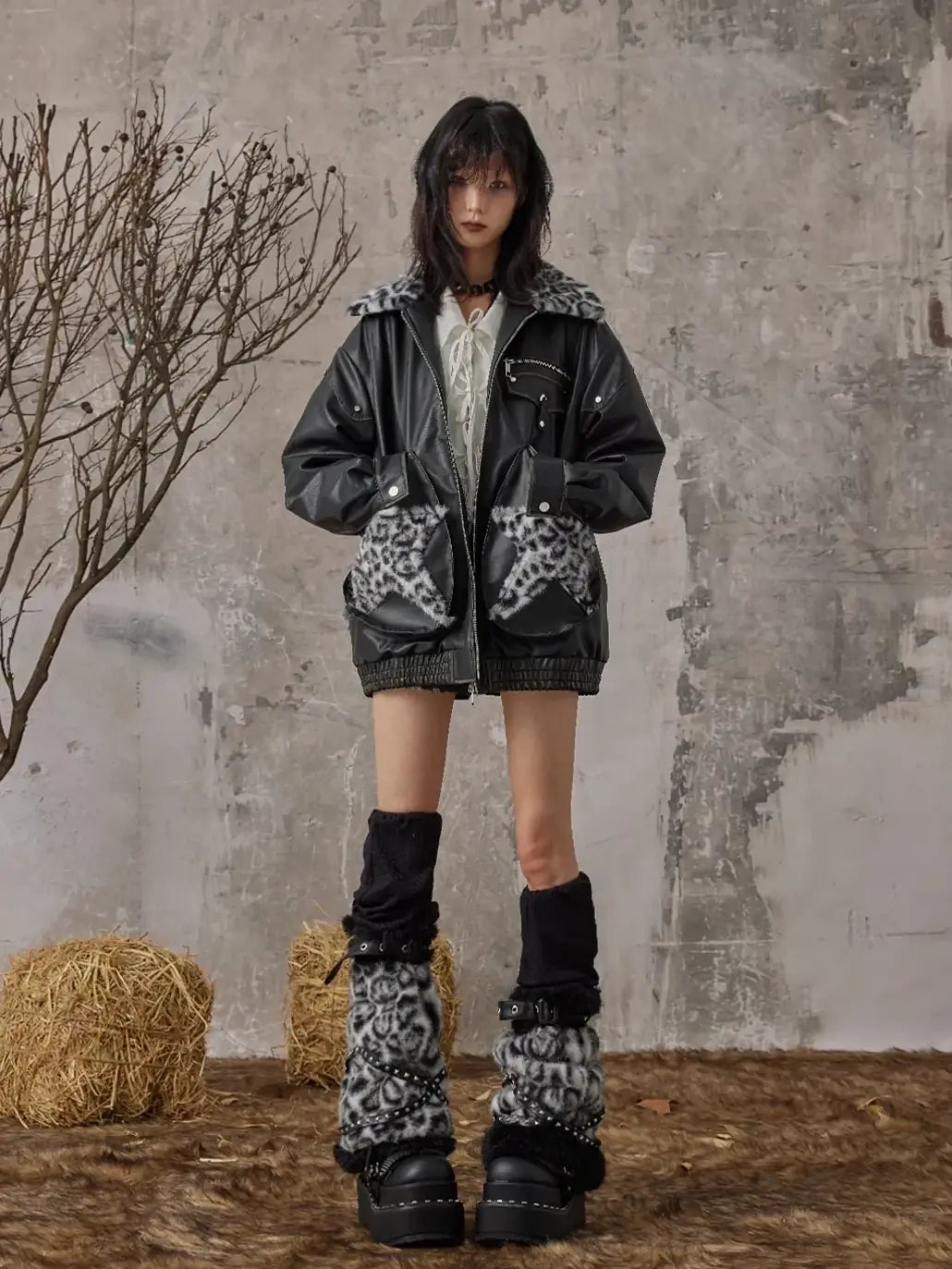 Frustration Garden Vintage Faded Star Leopard Print Pu Jacket