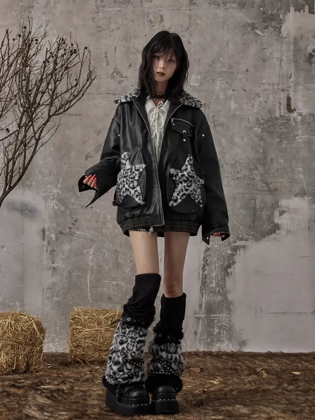 Frustration Garden Vintage Faded Star Leopard Print Pu Jacket