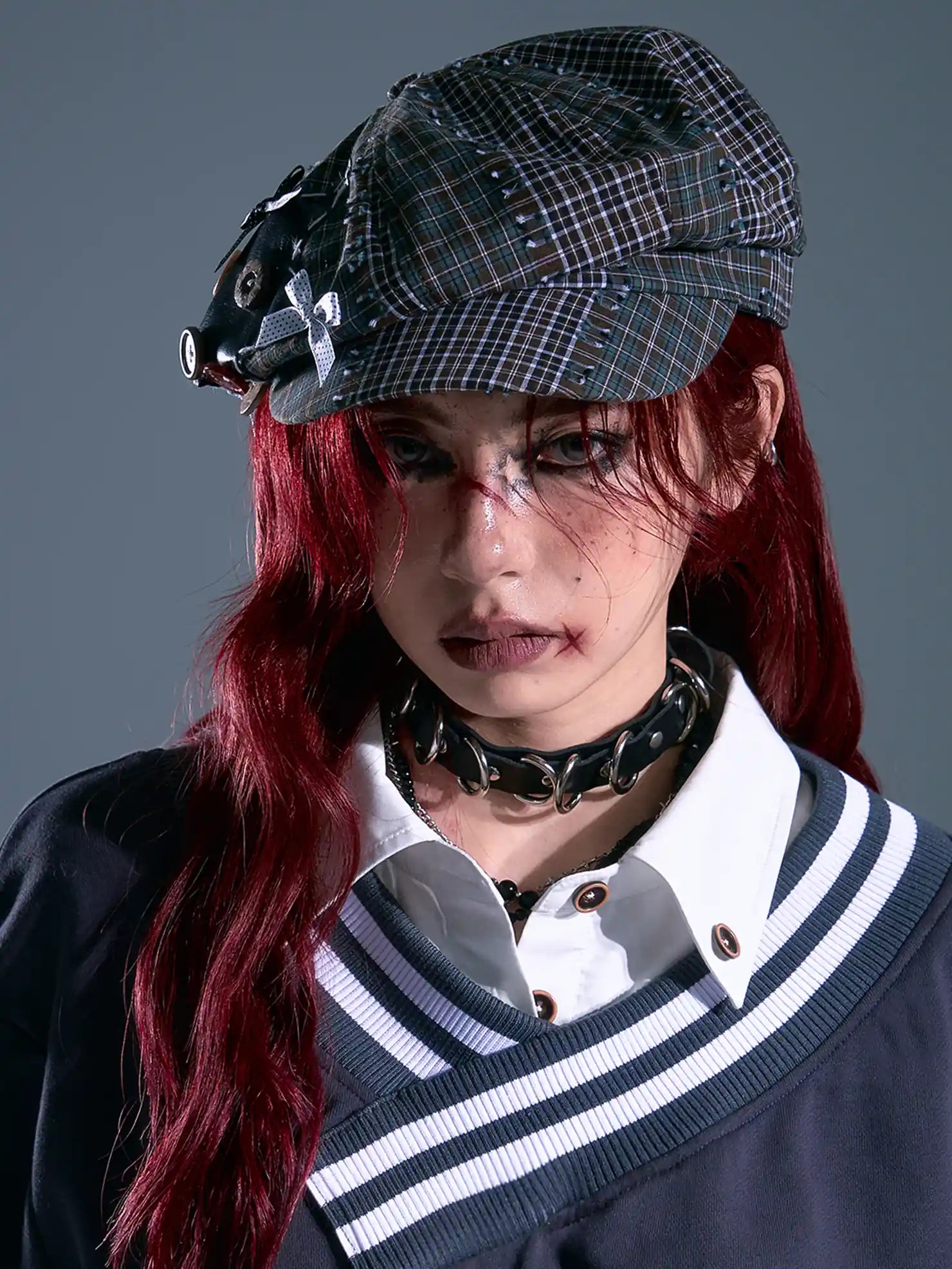 Frustration Garden Vintage Plaid Newsboy Cap With Star Embroidery