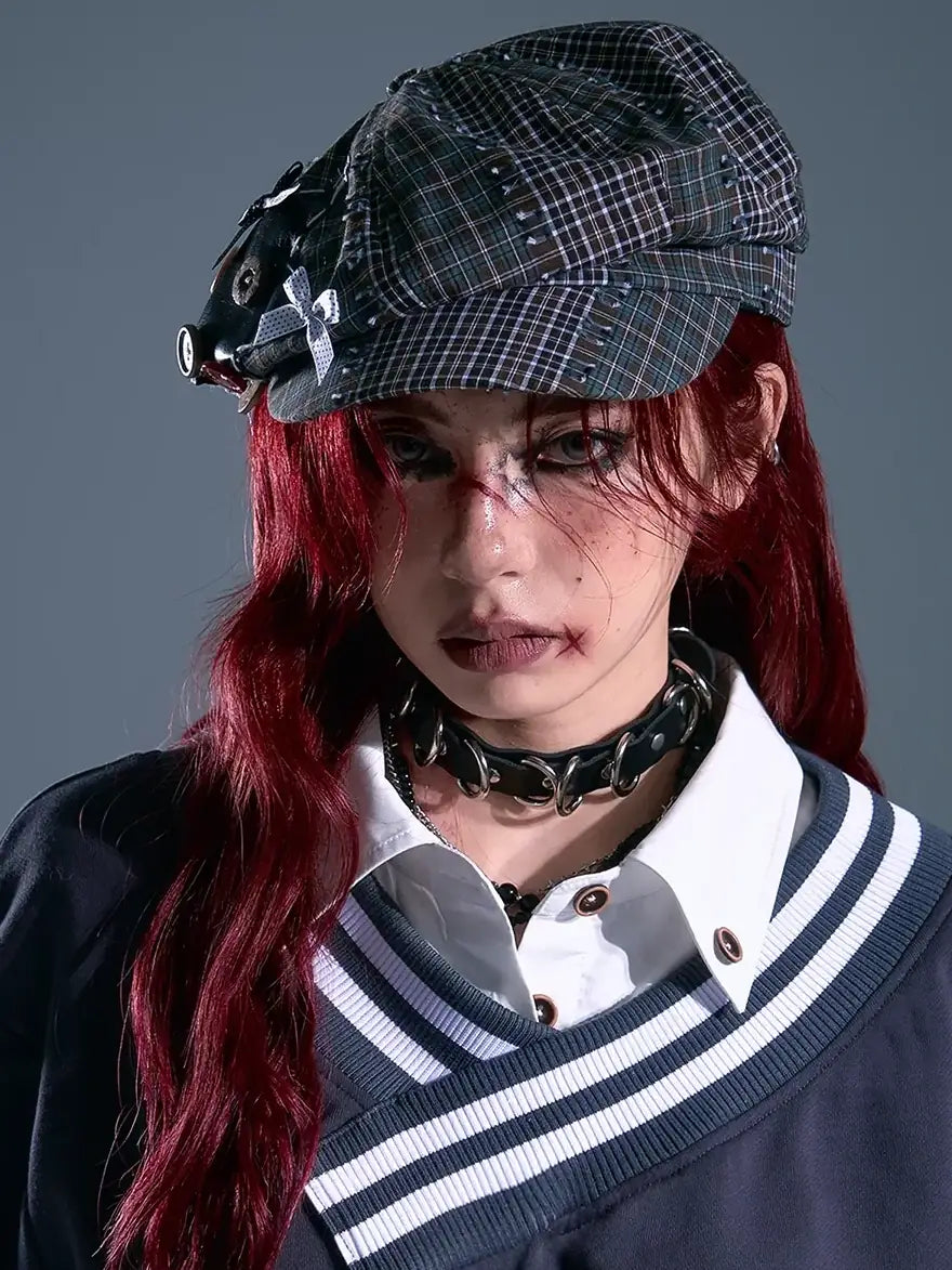 Frustration Garden Vintage Plaid Newsboy Cap With Star Embroidery