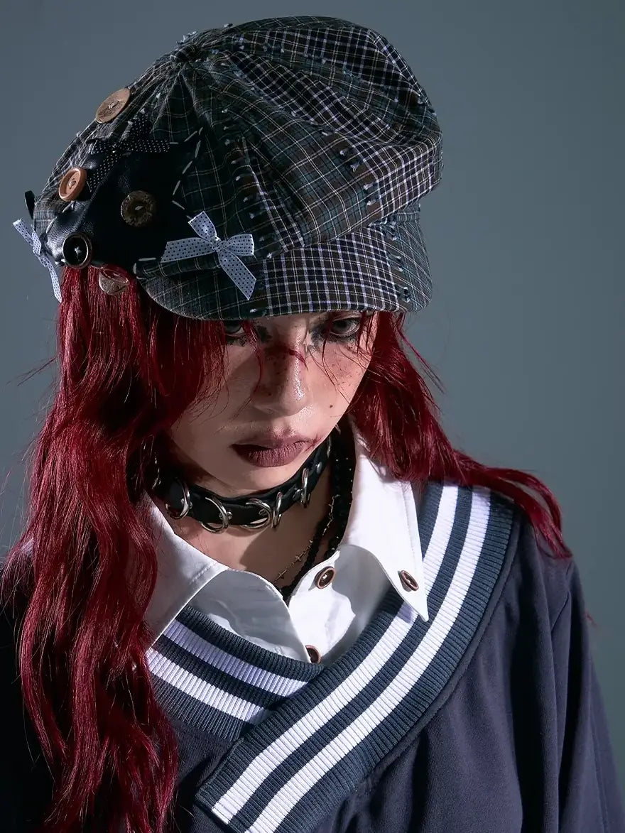 Frustration Garden Vintage Plaid Newsboy Cap With Star Embroidery