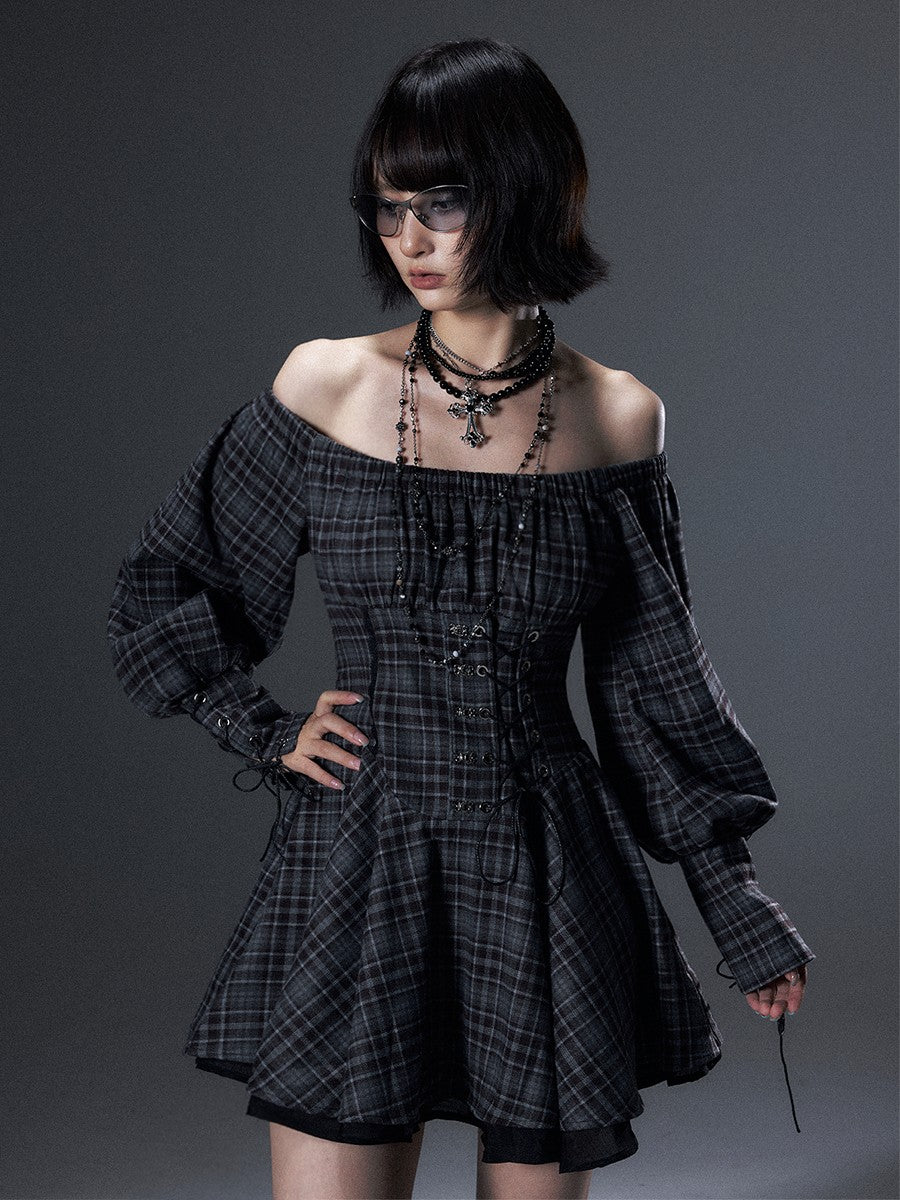 Frustration Garden Vintage Plaid Off Shoulder Tie A Line Long Sleeve Women&