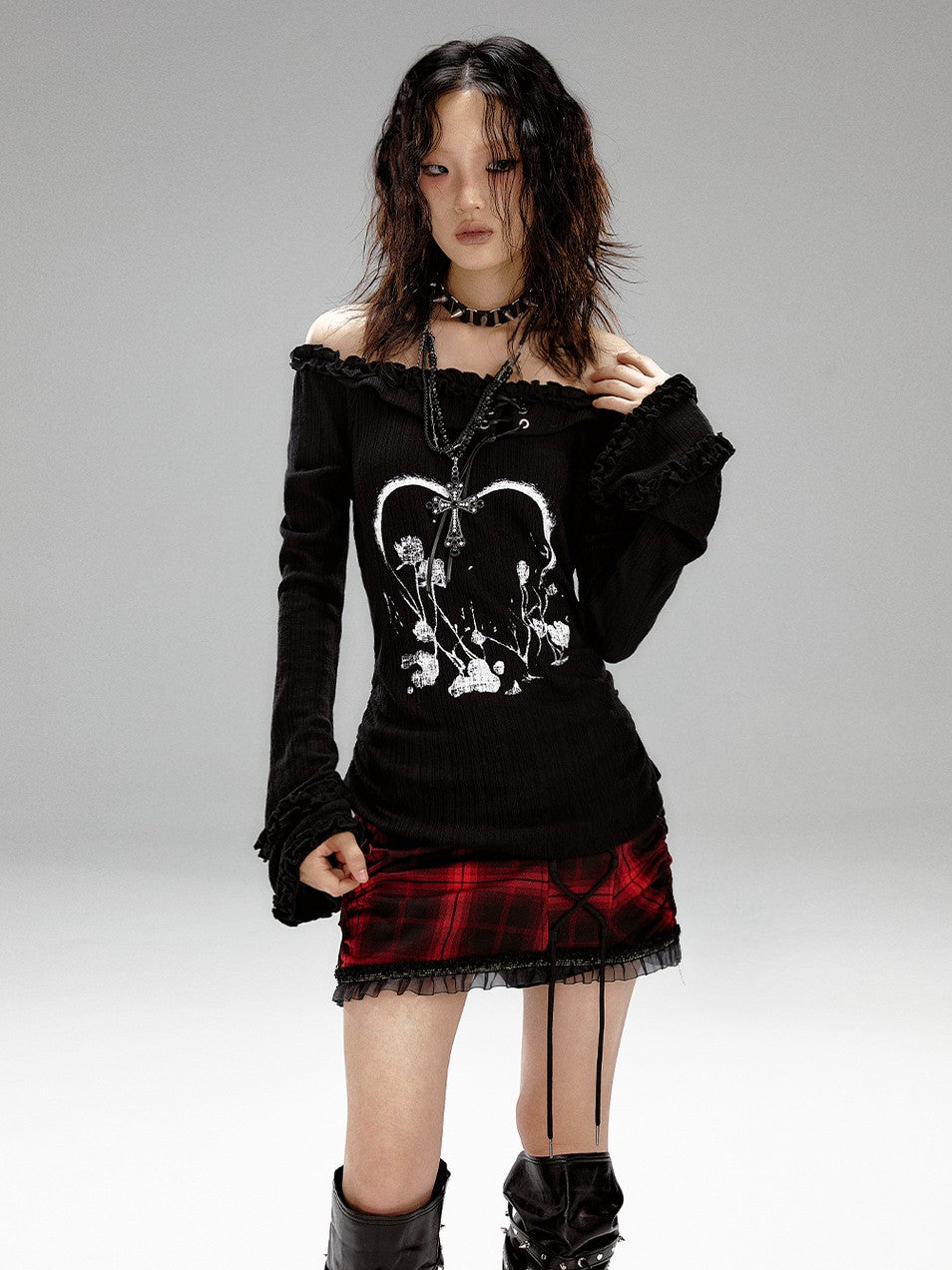 Frustration Garden Vintage Printed Bell Sleeve Hooded Asymmetric Women&