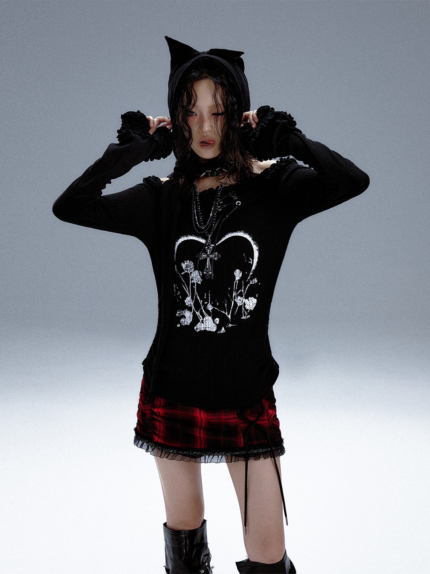 Frustration Garden Vintage Printed Bell Sleeve Hooded Asymmetric Women&