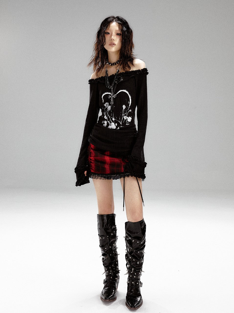 Frustration Garden Vintage Printed Bell Sleeve Hooded Asymmetric Women&