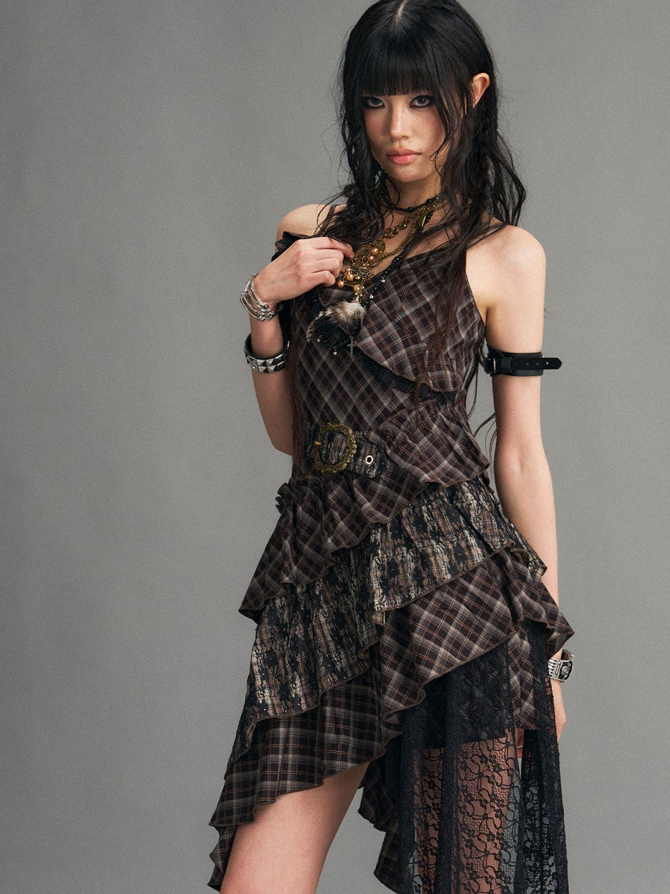 Frustration Garden Vintage Punk Asymmetrical Plaid Waist Cinched Women&