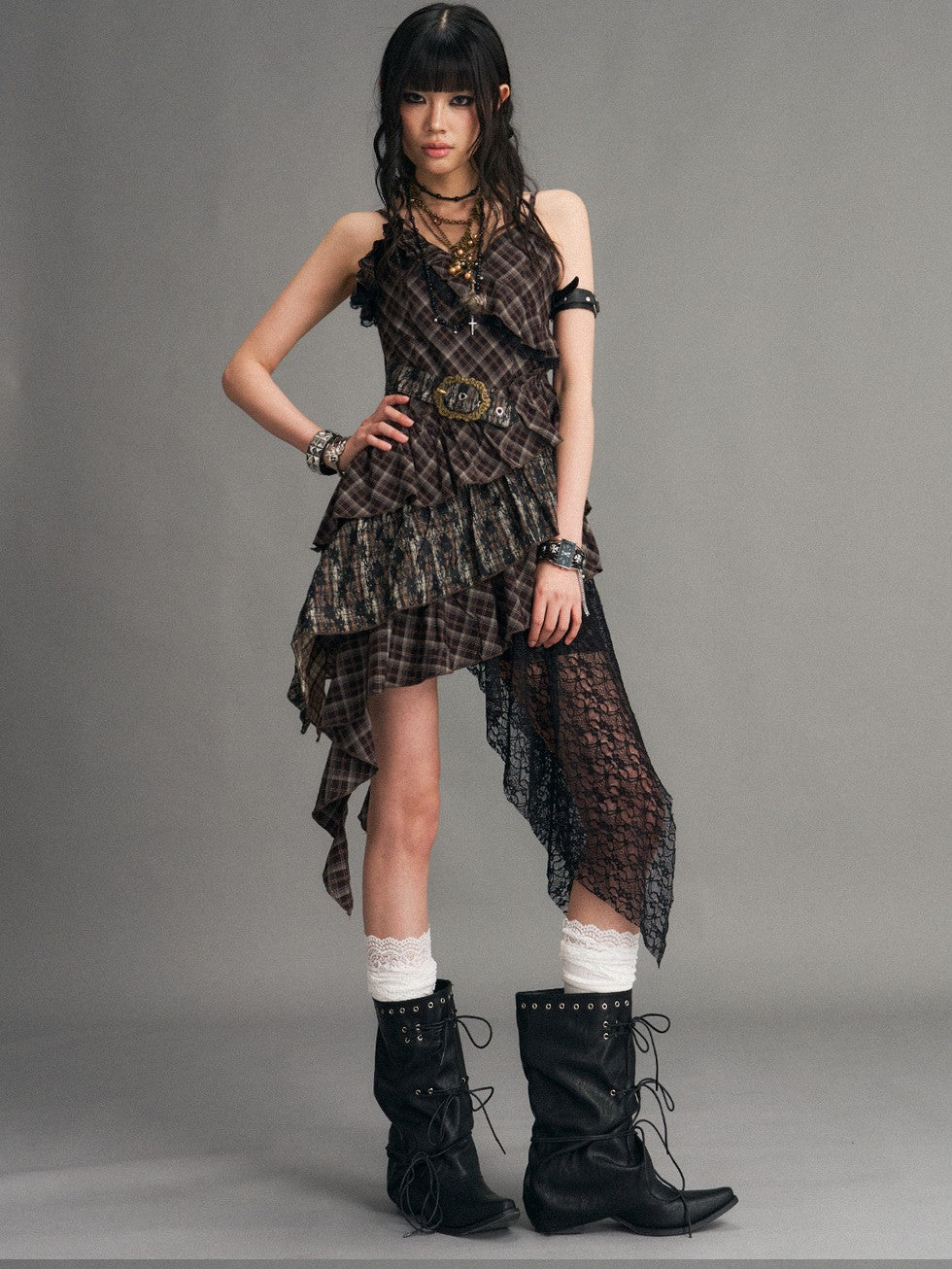 Frustration Garden Vintage Punk Asymmetrical Plaid Waist Cinched Women&