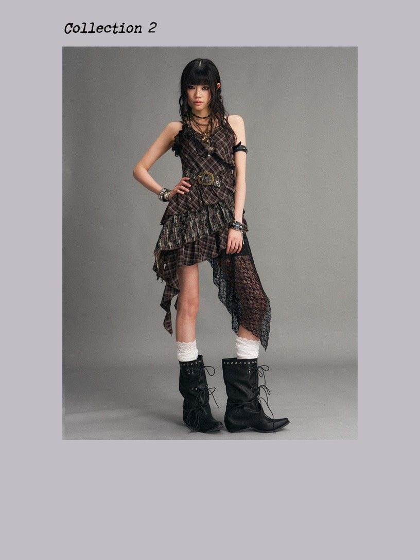 Frustration Garden Vintage Punk Asymmetrical Plaid Waist Cinched Women&