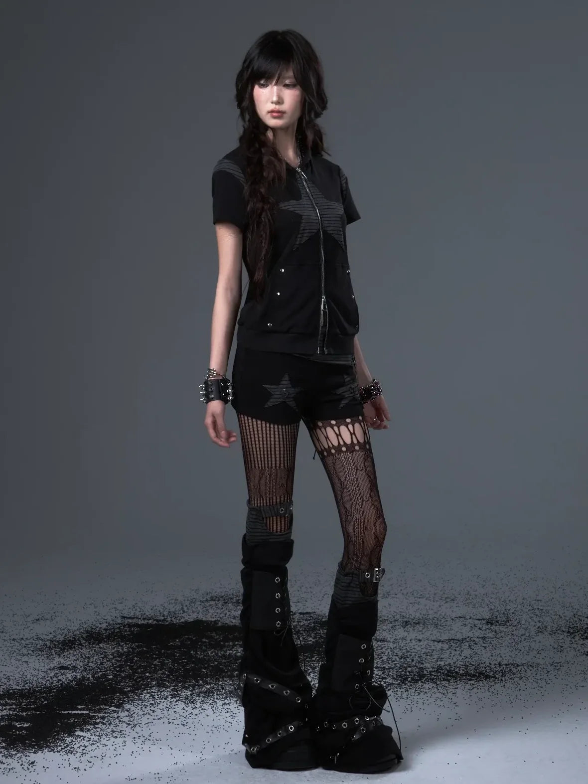 Frustration Garden Vintage Punk Star Striped Low Waist Knit Shorts