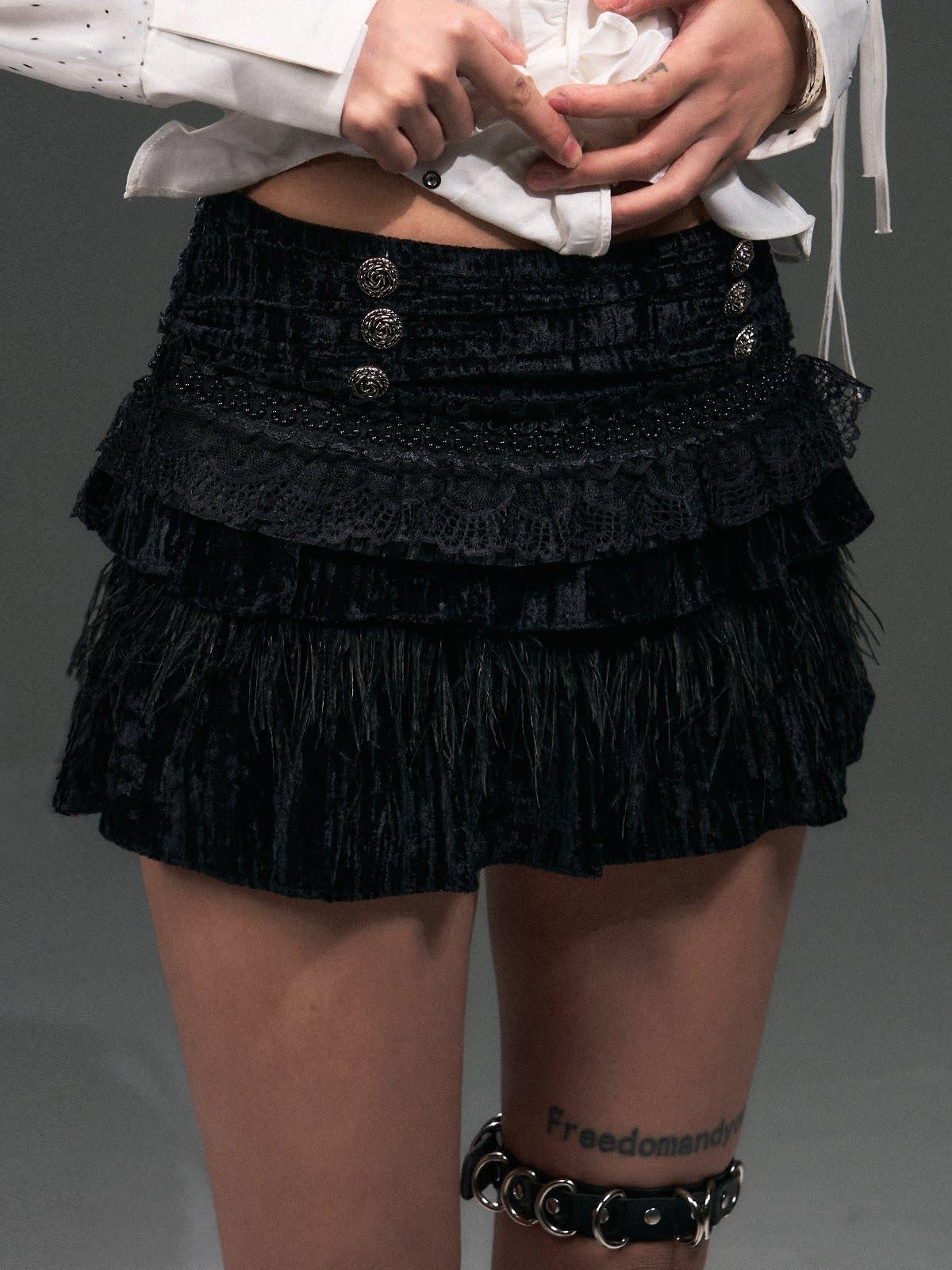 Frustration Garden Vintage Velvet Low Waist Lace Ruffle Button Lined Date Black Mini Skirt