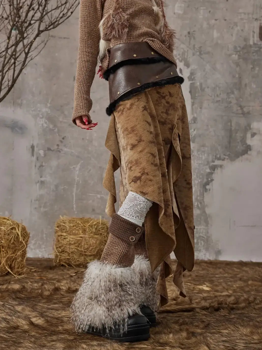 Frustration Garden Vintage Wanderer Asymmetrical Pu Leather Maxi Skirt