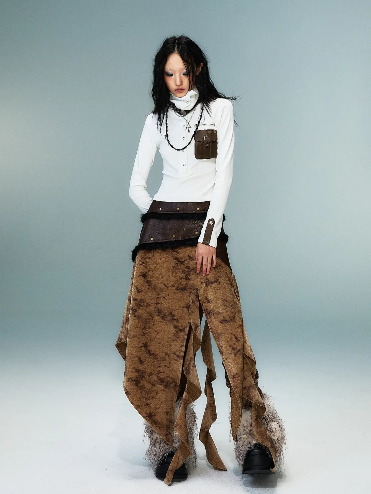 Frustration Garden Vintage Wanderer Asymmetrical Pu Leather Maxi Skirt