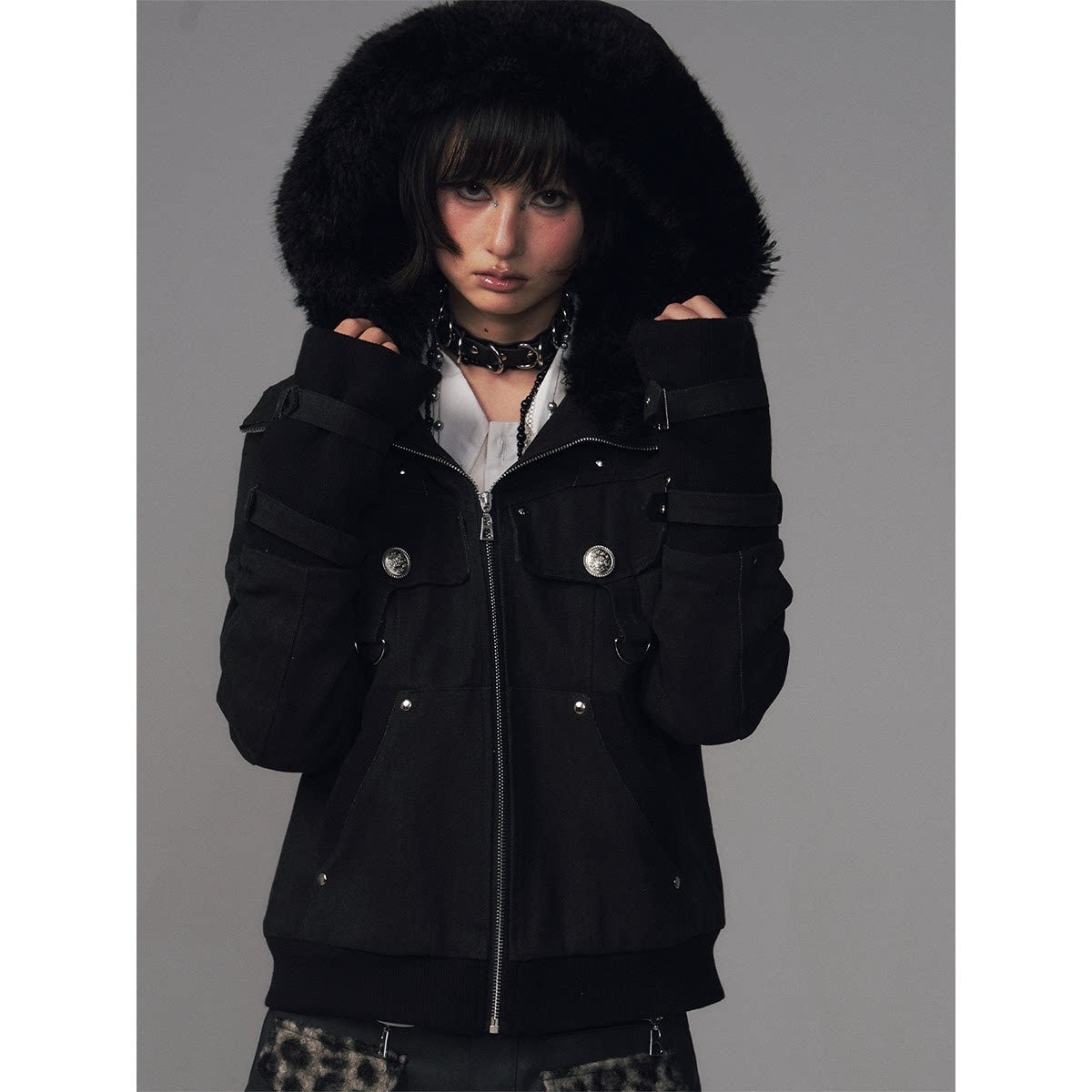 Frustration_Garden_Warm_Vintage_Studded_Hooded_Bell_Sleeve_Cotton_Women_Black_Puffer_Jacket_MISSTT
