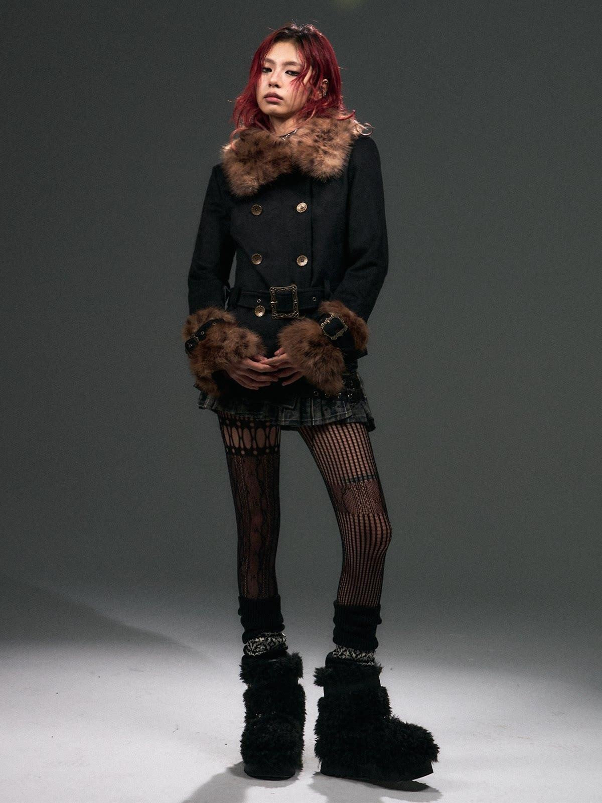 Frustration Garden Warm Wool Blend Belted Vintage Short Doublebreasted Furcollar Black Leopard Coat