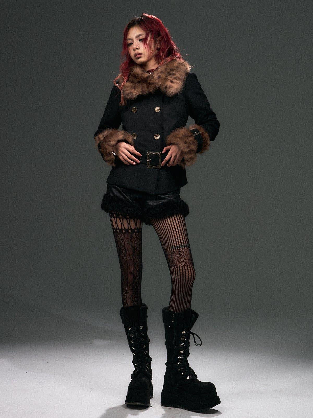 Frustration Garden Warm Wool Blend Belted Vintage Short Doublebreasted Furcollar Black Leopard Coat