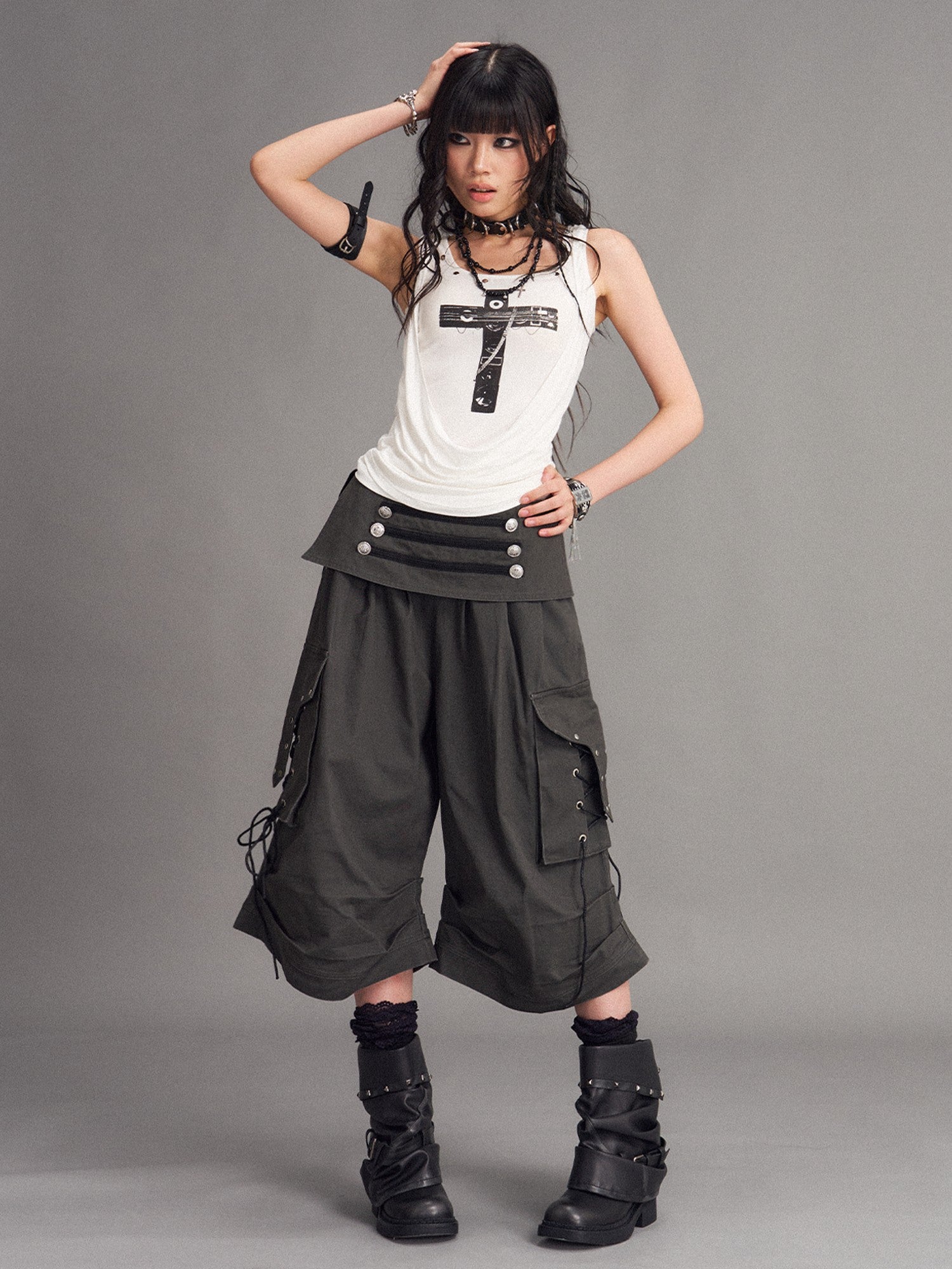 Frustration Garden Washed Distressed Palace Punk Low Waist Wide Leg Cargo Tie Women&