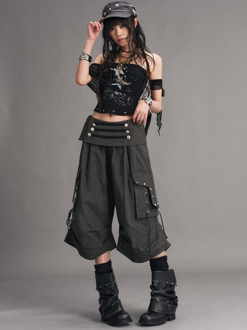 Frustration Garden Washed Distressed Palace Punk Low Waist Wide Leg Cargo Tie Women&
