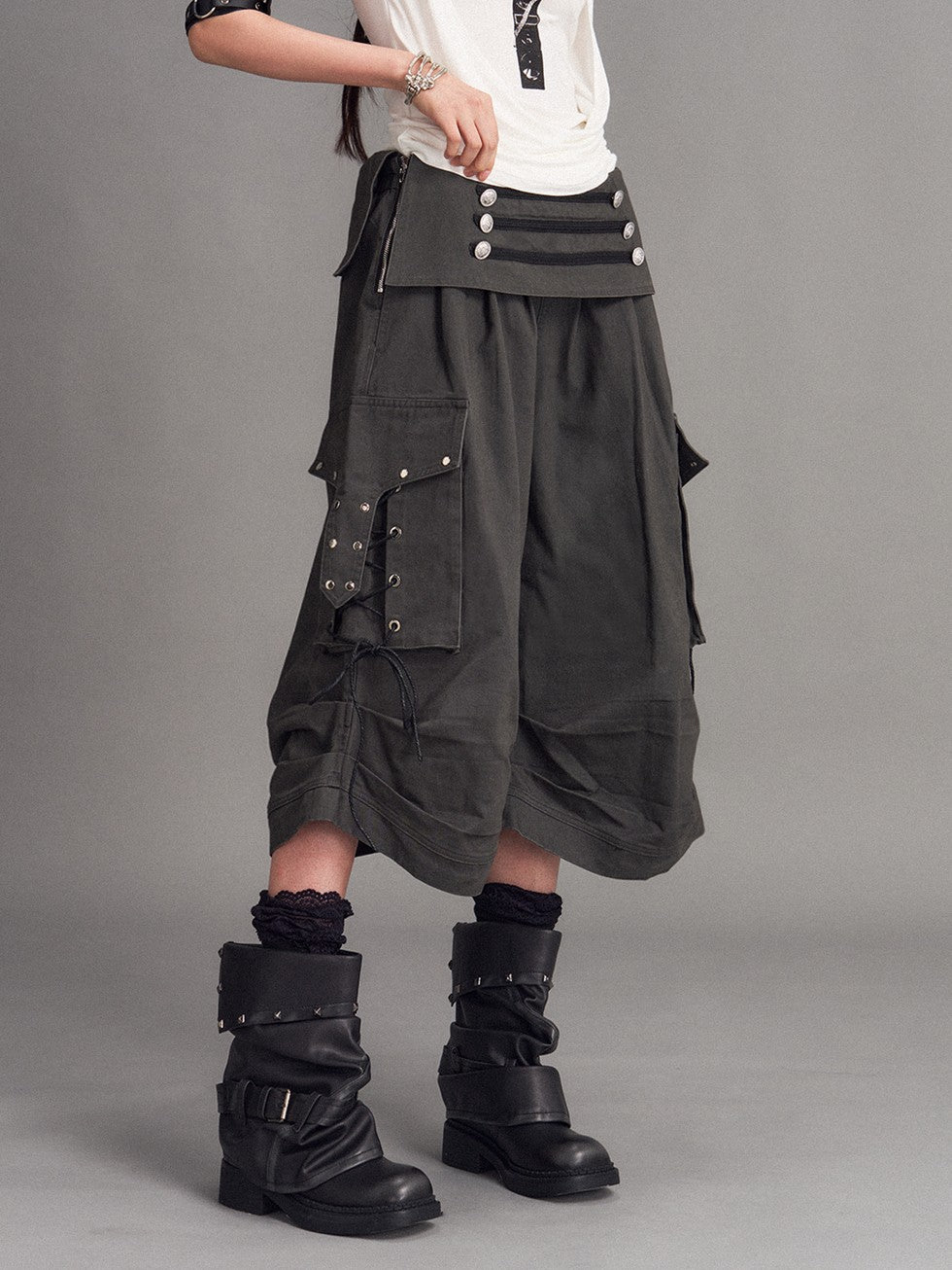 Frustration Garden Washed Distressed Palace Punk Low Waist Wide Leg Cargo Tie Women&