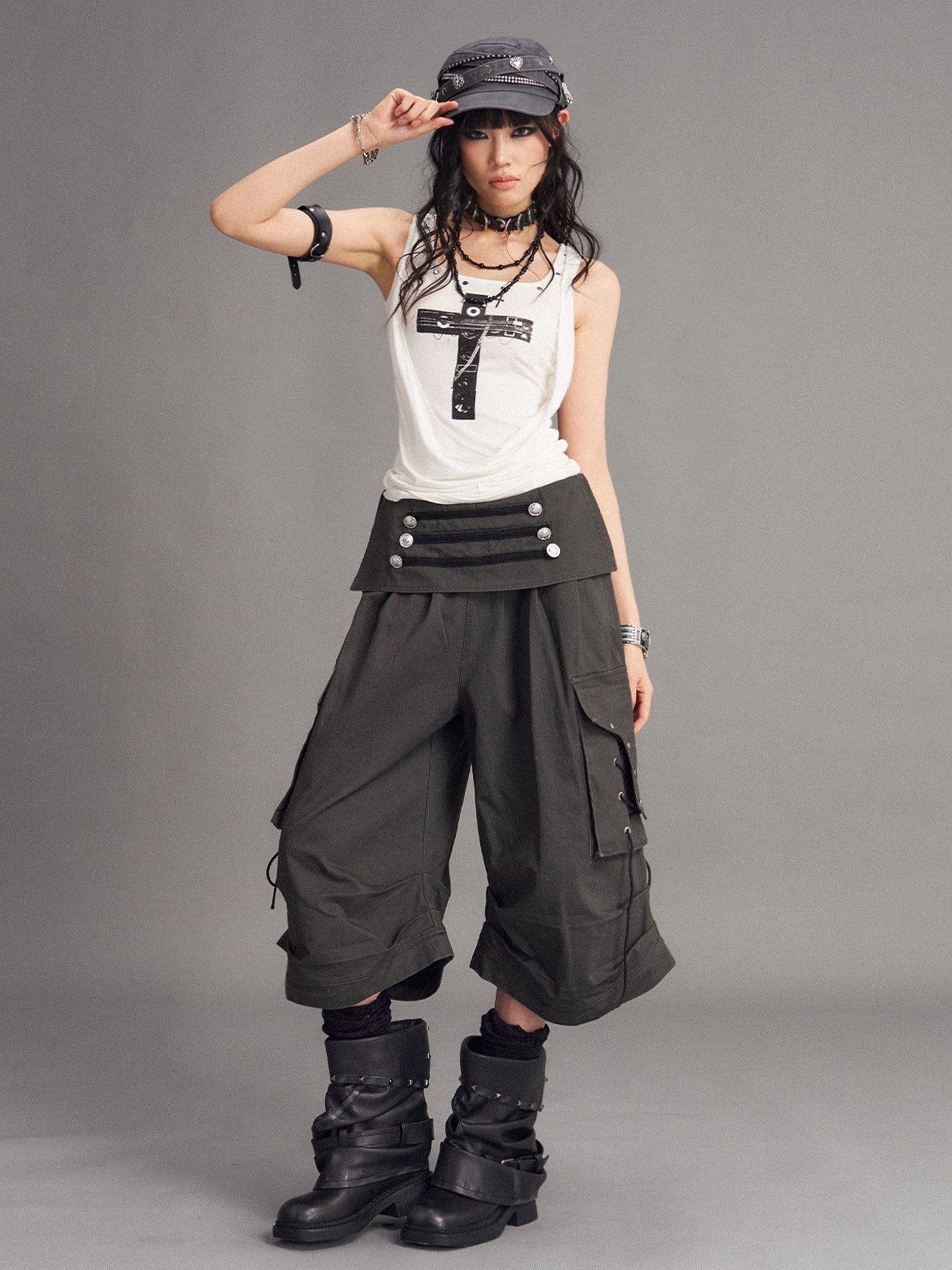 Frustration Garden Washed Distressed Palace Punk Low Waist Wide Leg Cargo Tie Women&