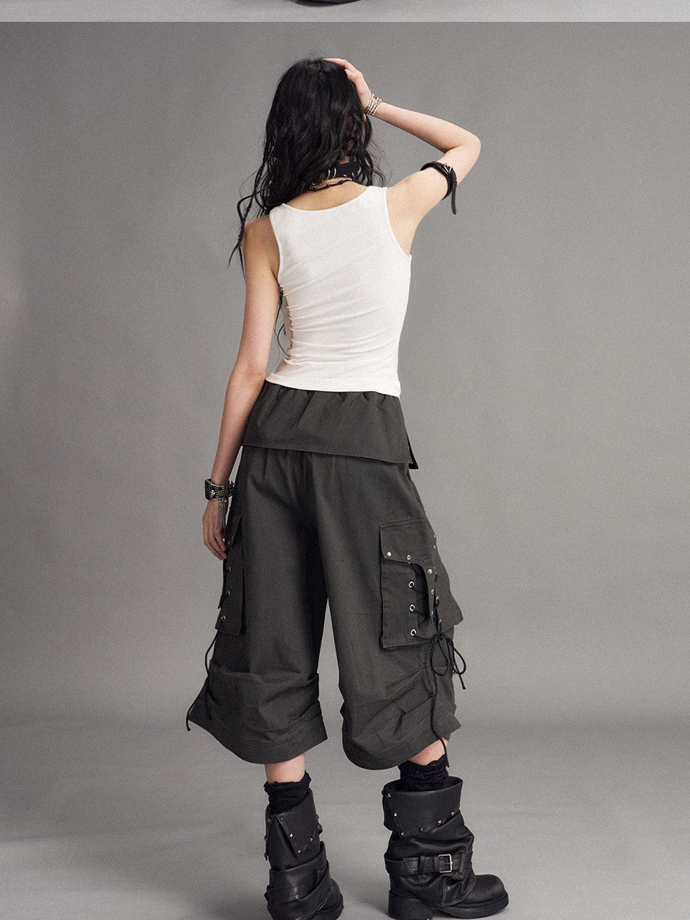 Frustration Garden Washed Distressed Palace Punk Low Waist Wide Leg Cargo Tie Women&