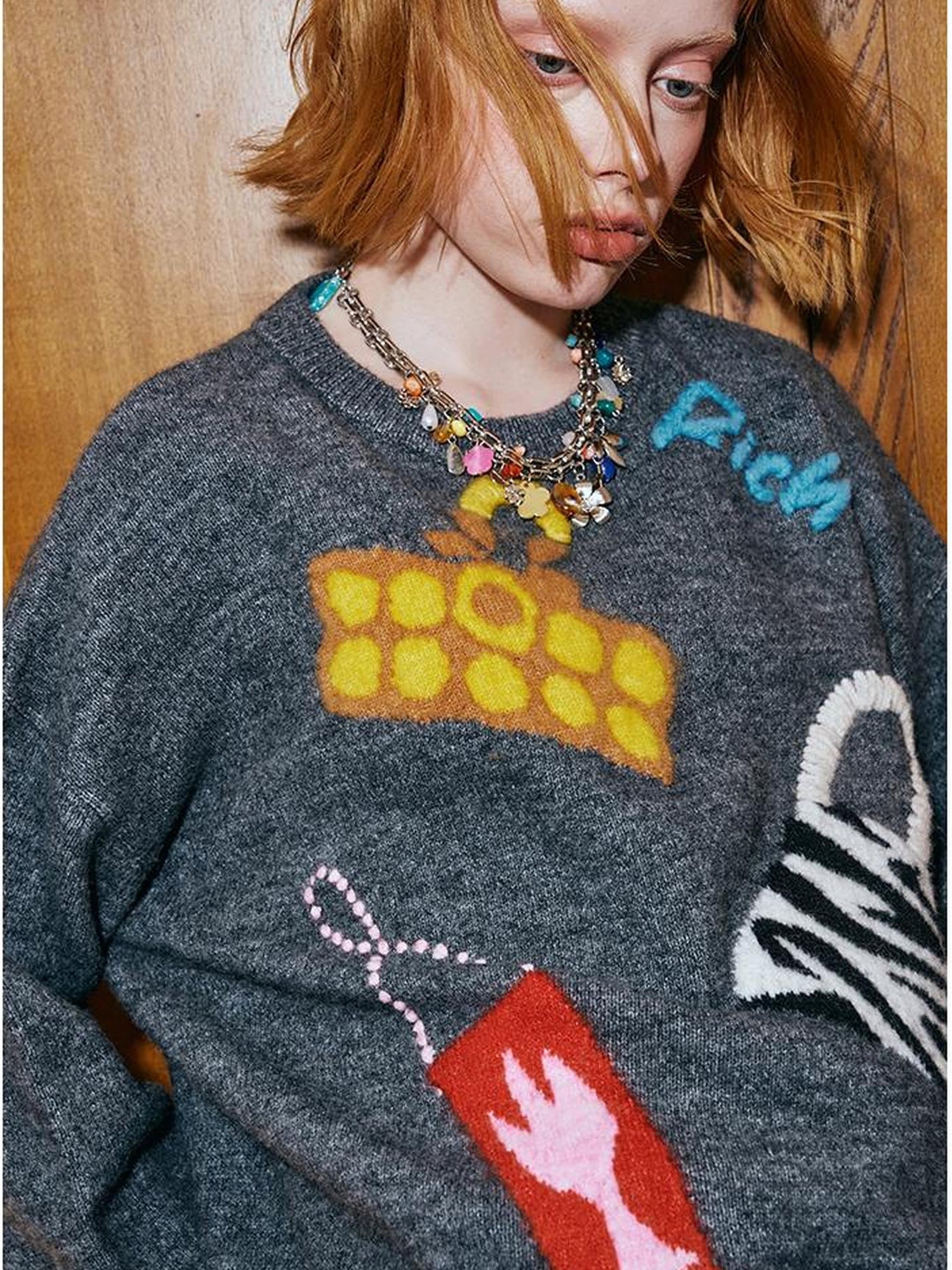 DIDDI MODA Fun Colorful Bag Embroidered Knit Sweater