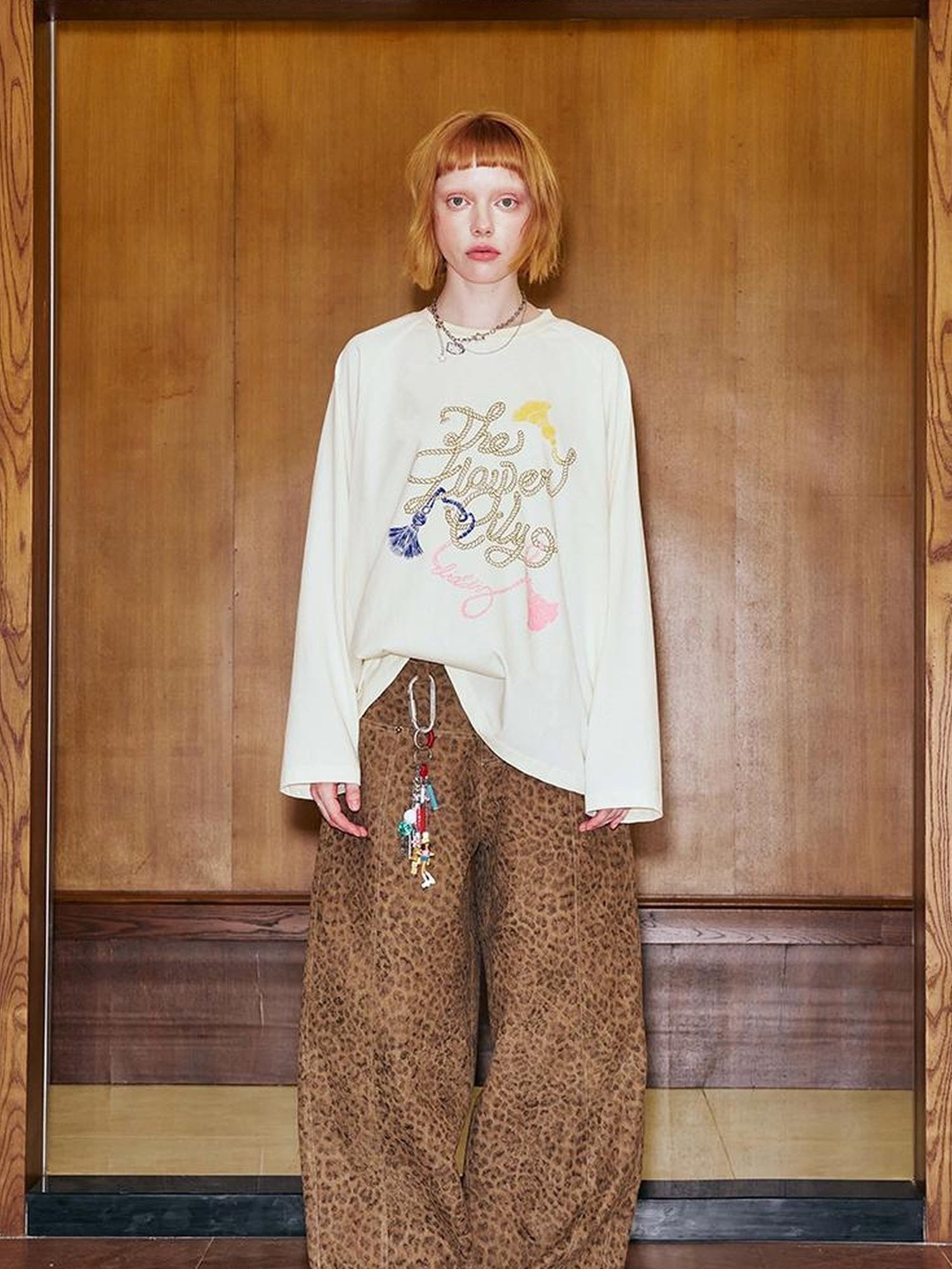 DIDDI MODA Fun Rope Colorful Wheat Print Oversized Knit Tee Bow Silk Blouse
