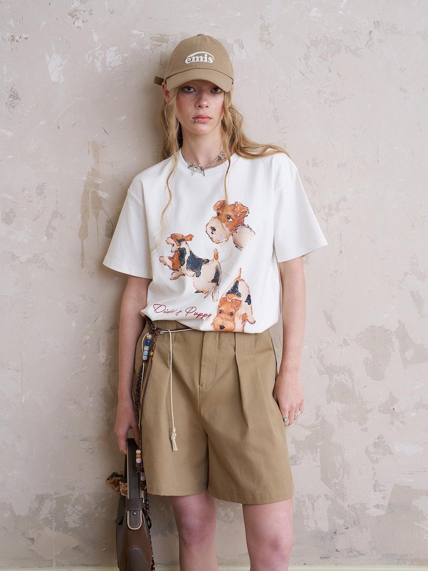 DIDDI MODA Funny Puppy Print Loose Cotton Tee Beaded Wide Leg Pants Set