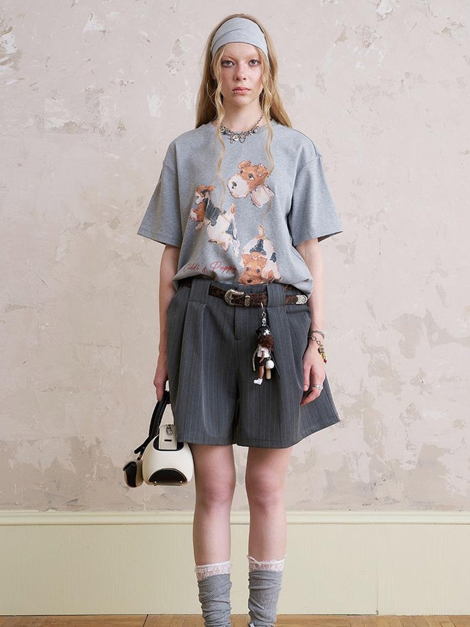 DIDDI MODA Funny Puppy Print Loose Cotton Tee Beaded Wide Leg Pants Set