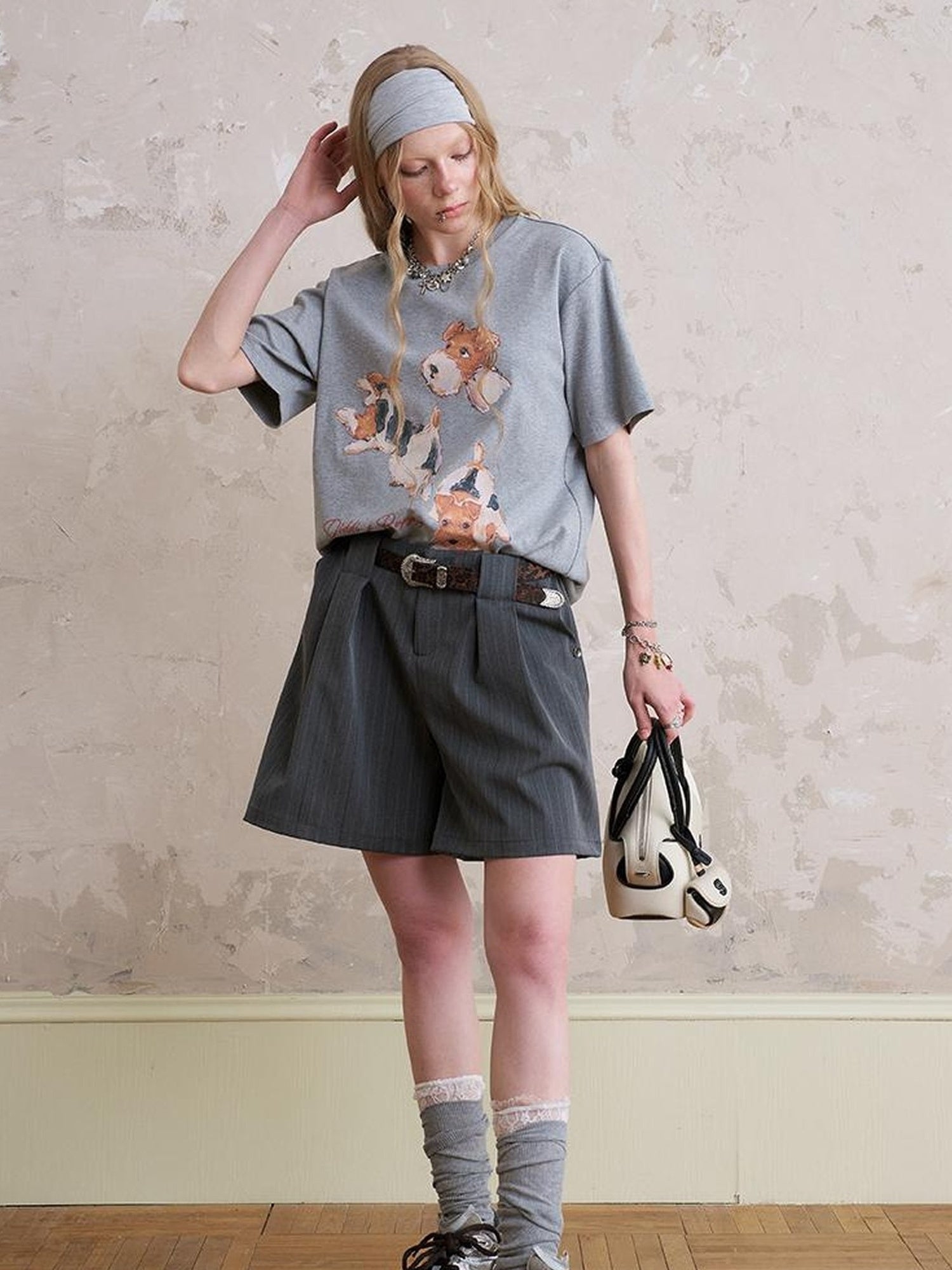 DIDDI MODA Funny Puppy Print Loose Cotton Tee Beaded Wide Leg Pants Set