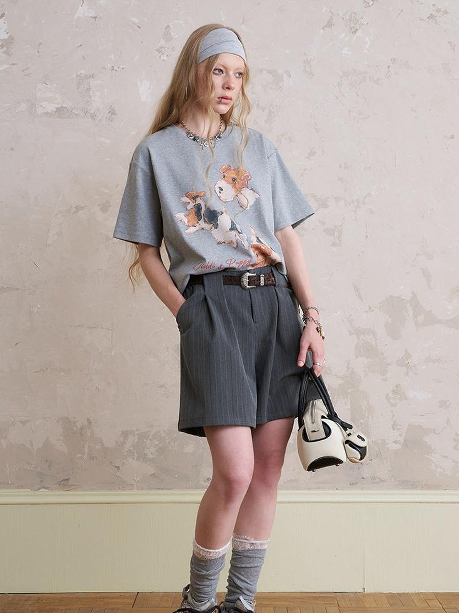 DIDDI MODA Funny Puppy Print Loose Cotton Tee Beaded Wide Leg Pants Set