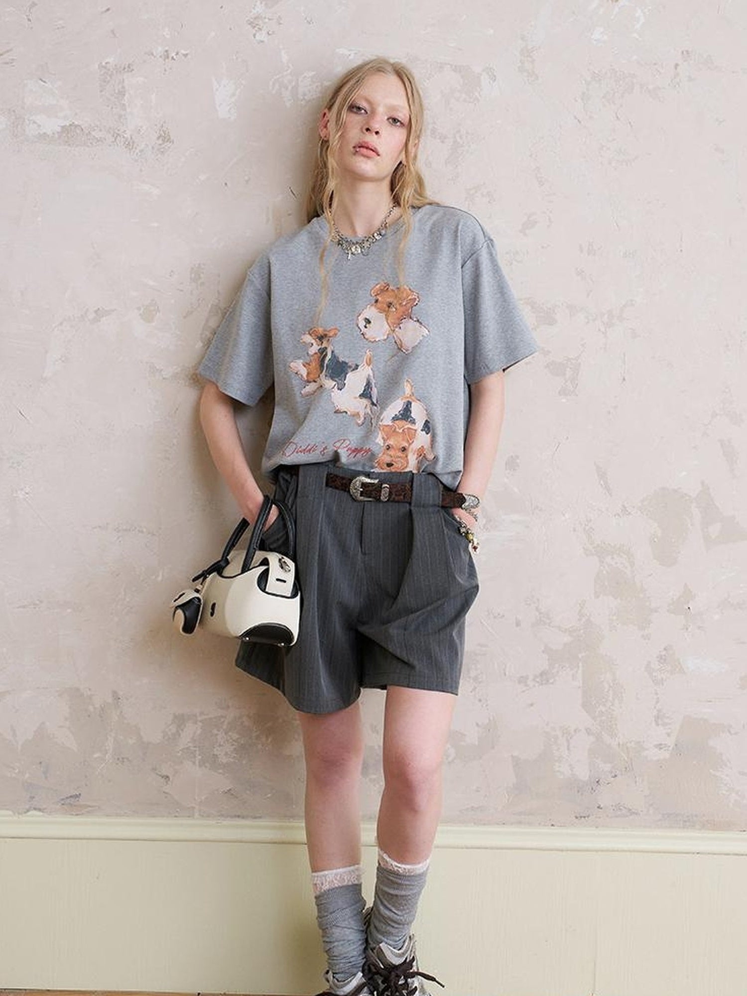 DIDDI MODA Funny Puppy Print Loose Cotton Tee Beaded Wide Leg Pants Set