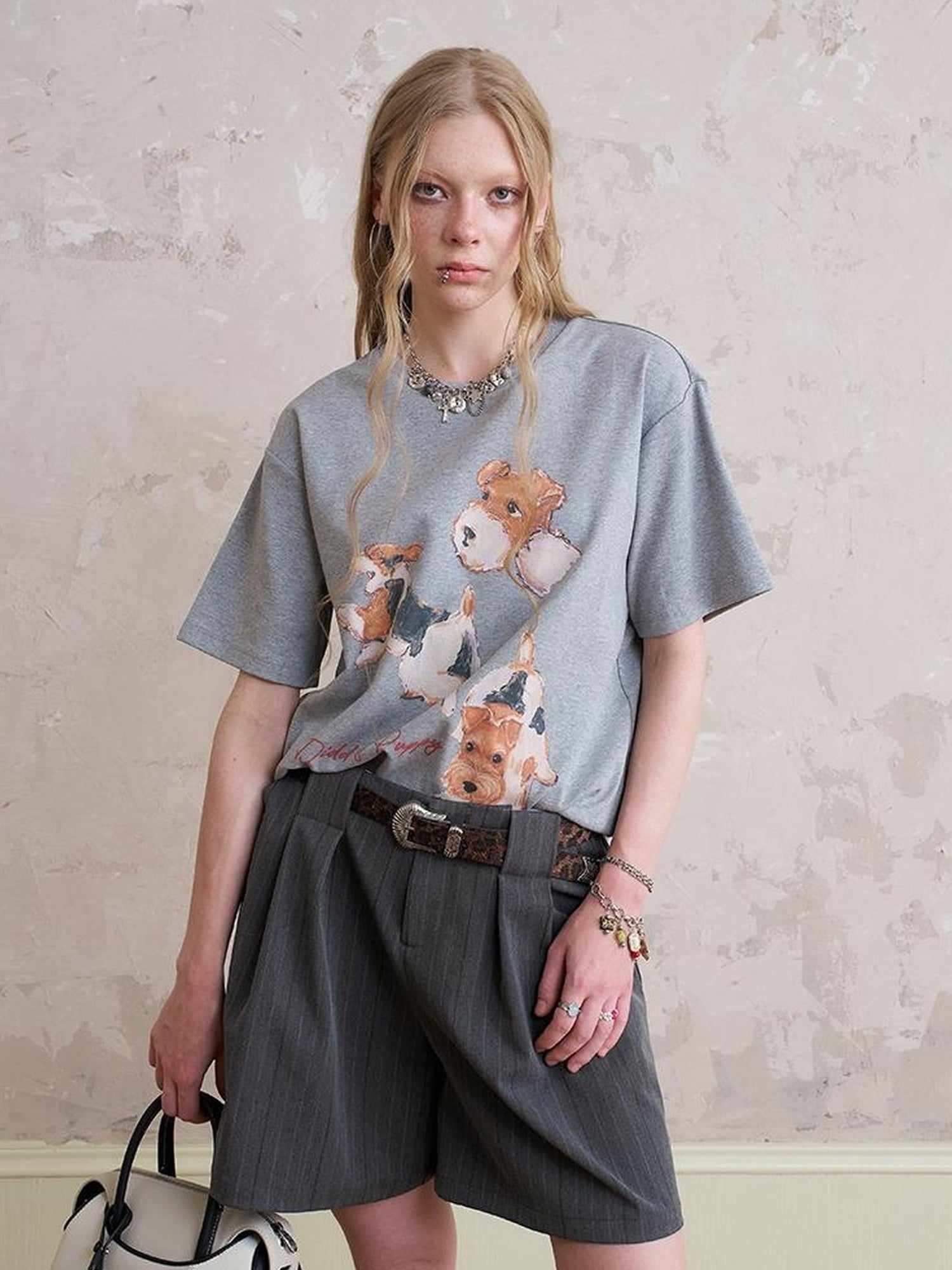 DIDDI MODA Funny Puppy Print Loose Cotton Tee Beaded Wide Leg Pants Set