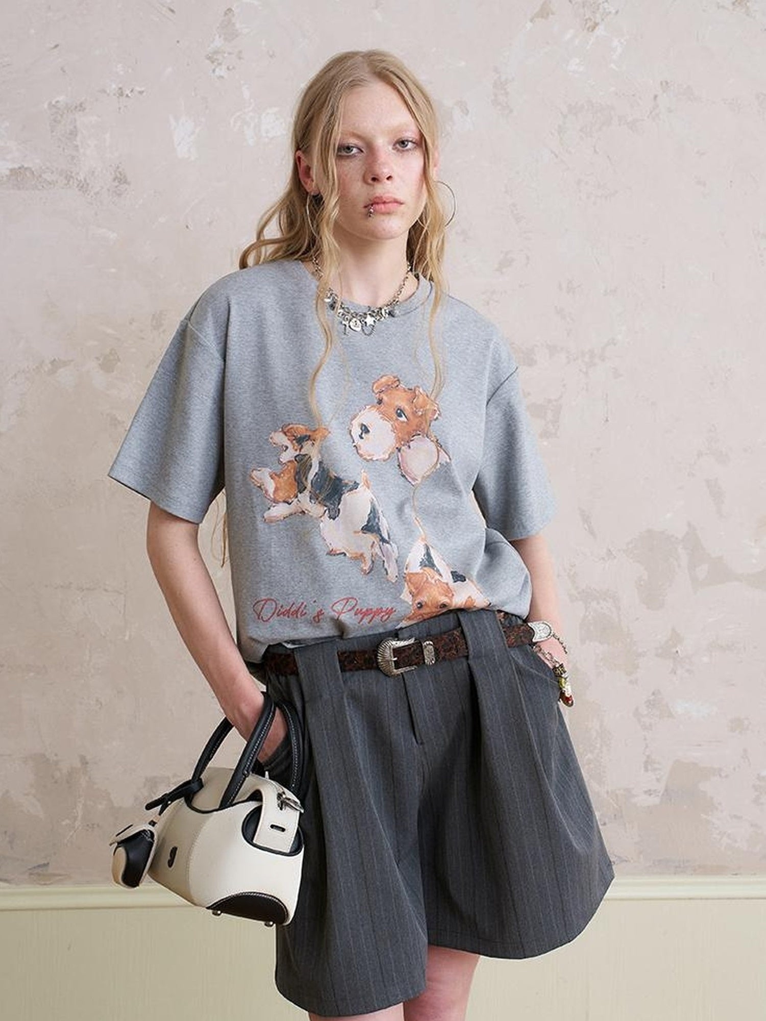 DIDDI MODA Funny Puppy Print Loose Cotton Tee Beaded Wide Leg Pants Set