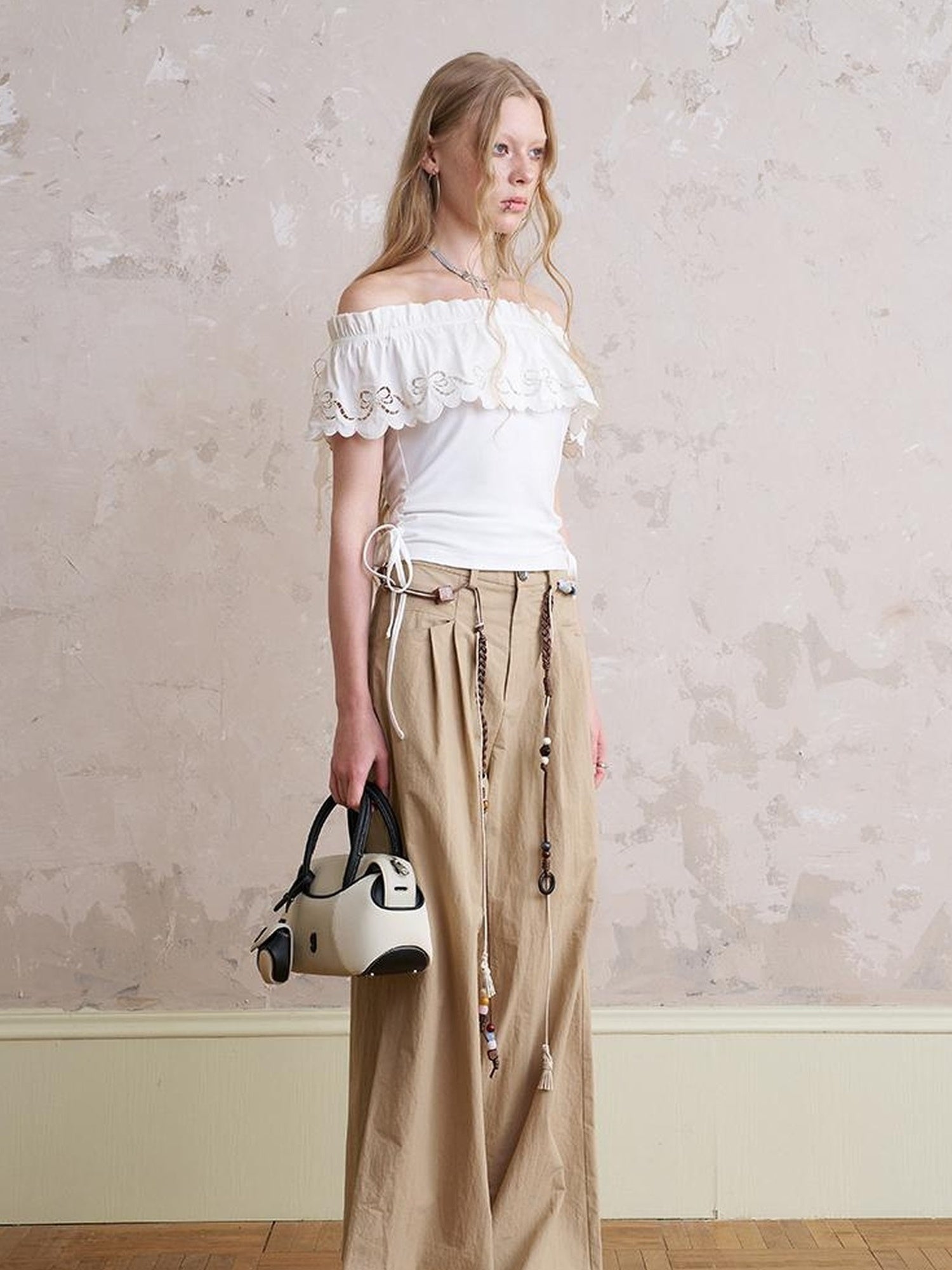 DIDDI MODA Funny Puppy Print Loose Cotton Tee Beaded Wide Leg Pants Set