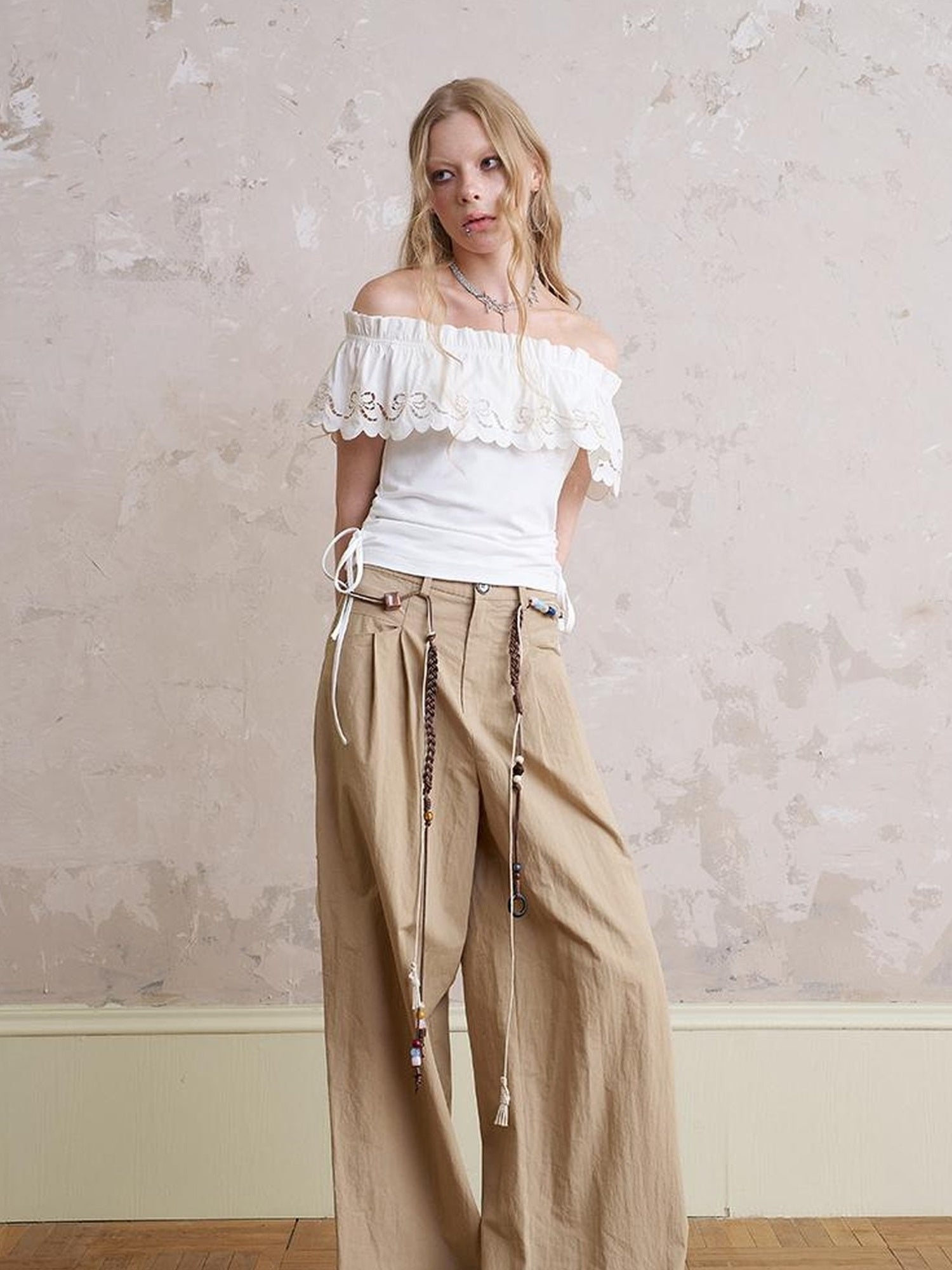 DIDDI MODA Funny Puppy Print Loose Cotton Tee Beaded Wide Leg Pants Set