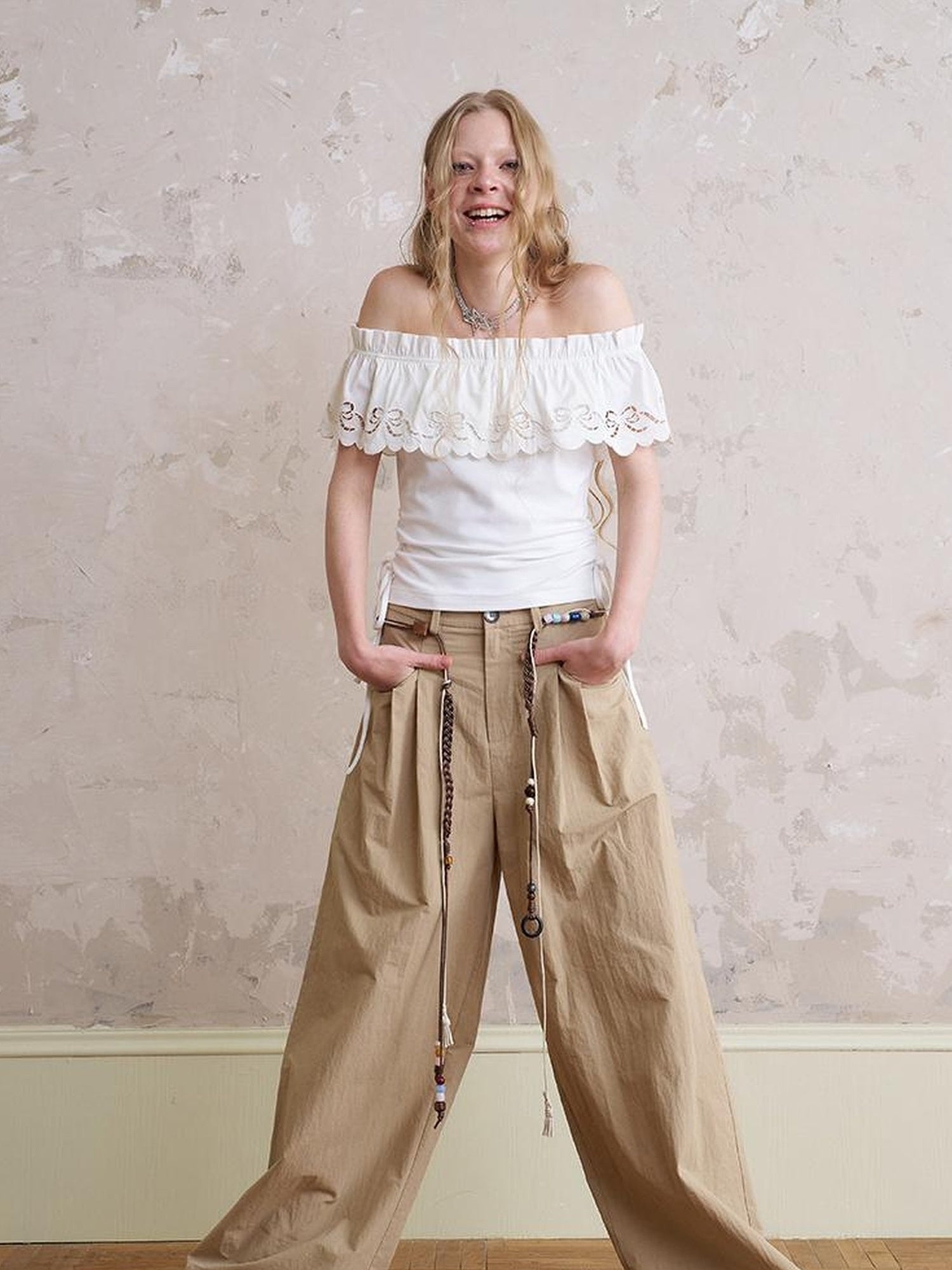 DIDDI MODA Funny Puppy Print Loose Cotton Tee Beaded Wide Leg Pants Set