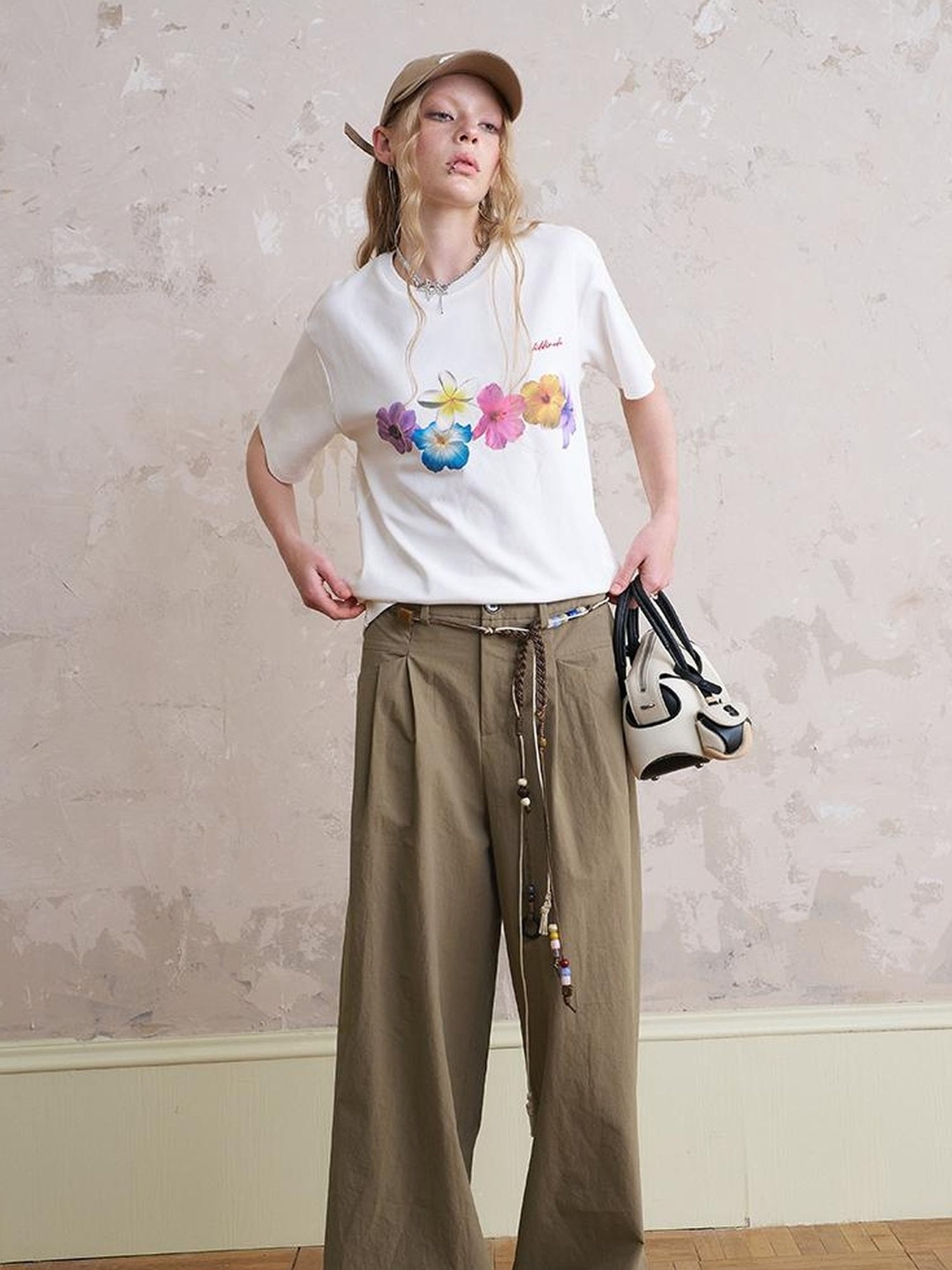 DIDDI MODA Funny Puppy Print Loose Cotton Tee Beaded Wide Leg Pants Set