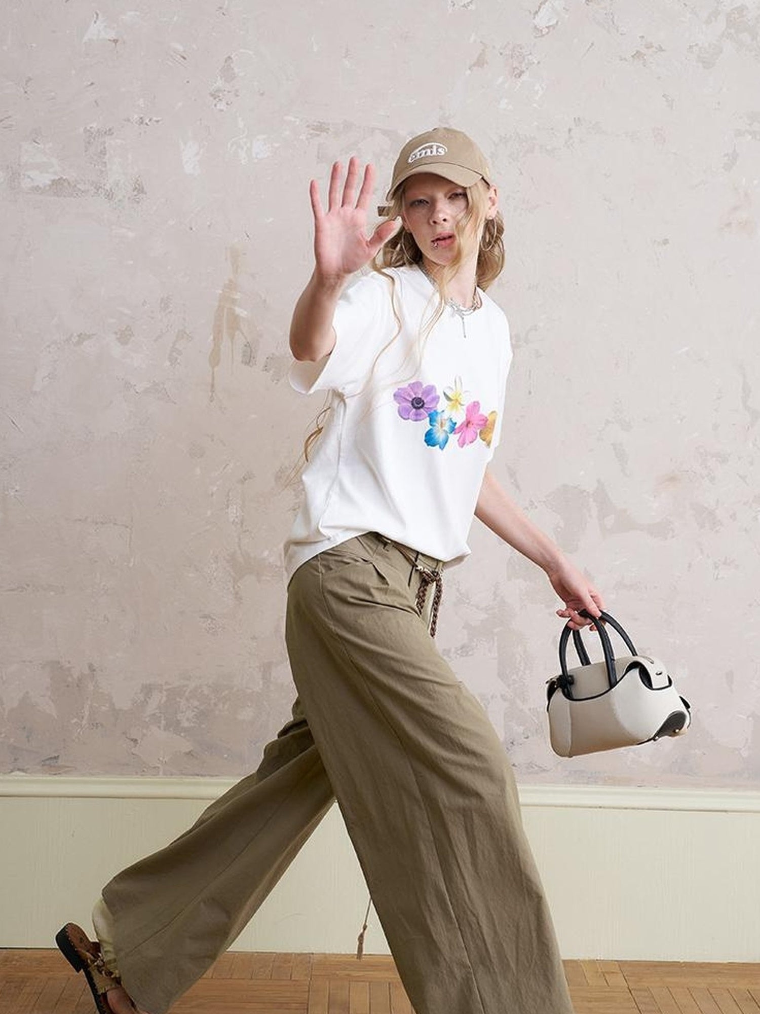 DIDDI MODA Funny Puppy Print Loose Cotton Tee Beaded Wide Leg Pants Set