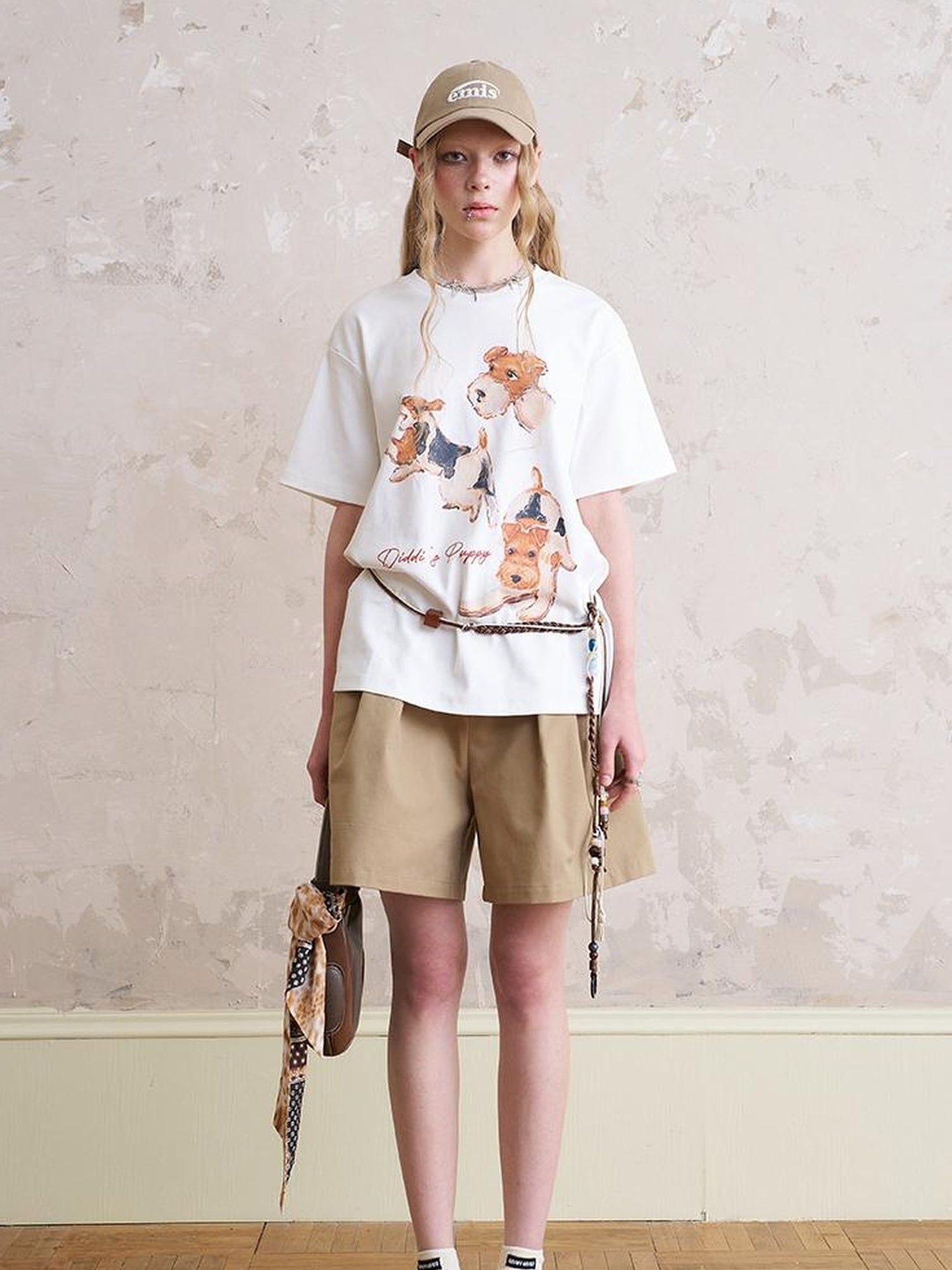 DIDDI MODA Funny Puppy Print Loose Cotton Tee Beaded Wide Leg Pants Set