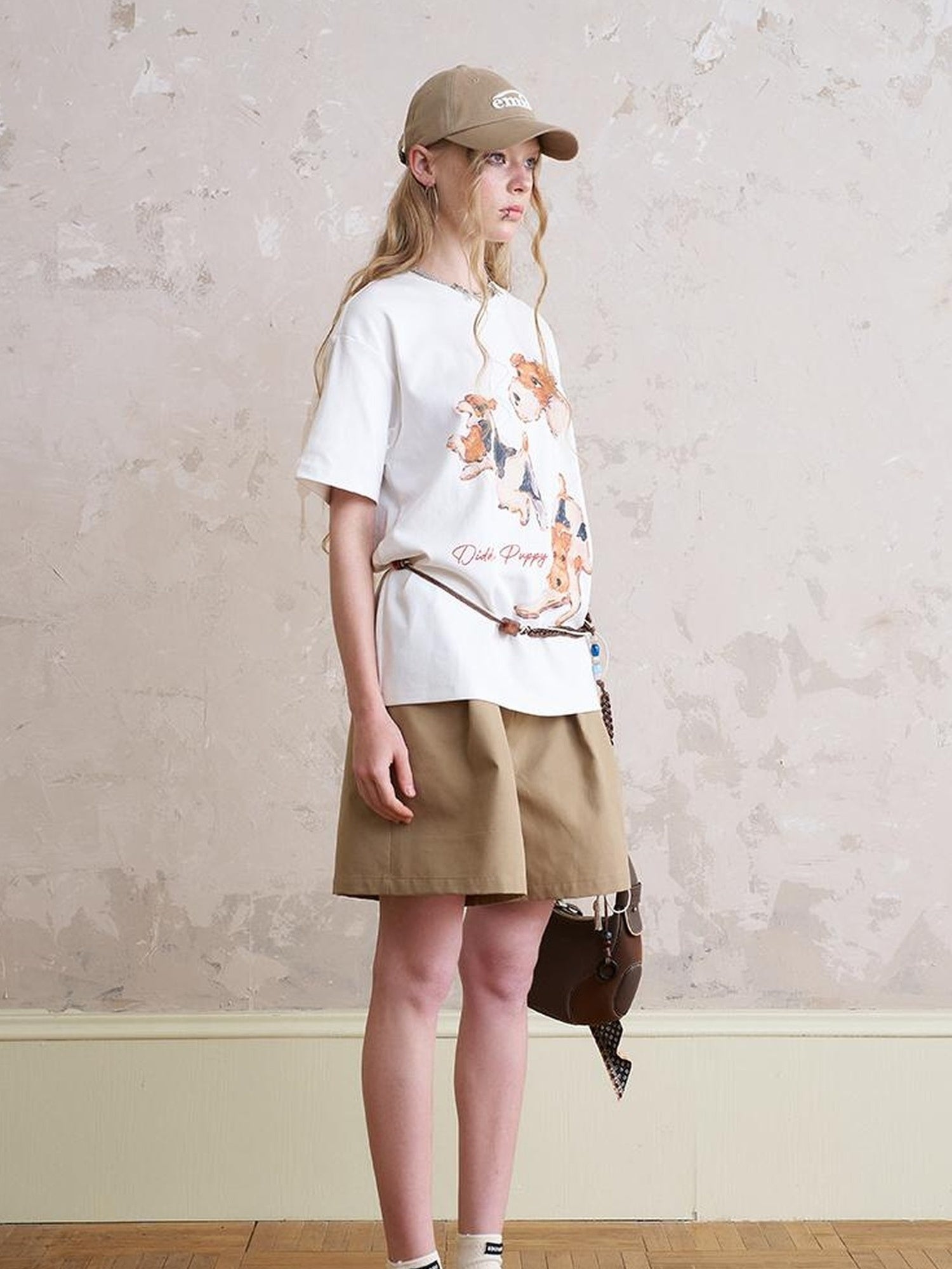 DIDDI MODA Funny Puppy Print Loose Cotton Tee Beaded Wide Leg Pants Set