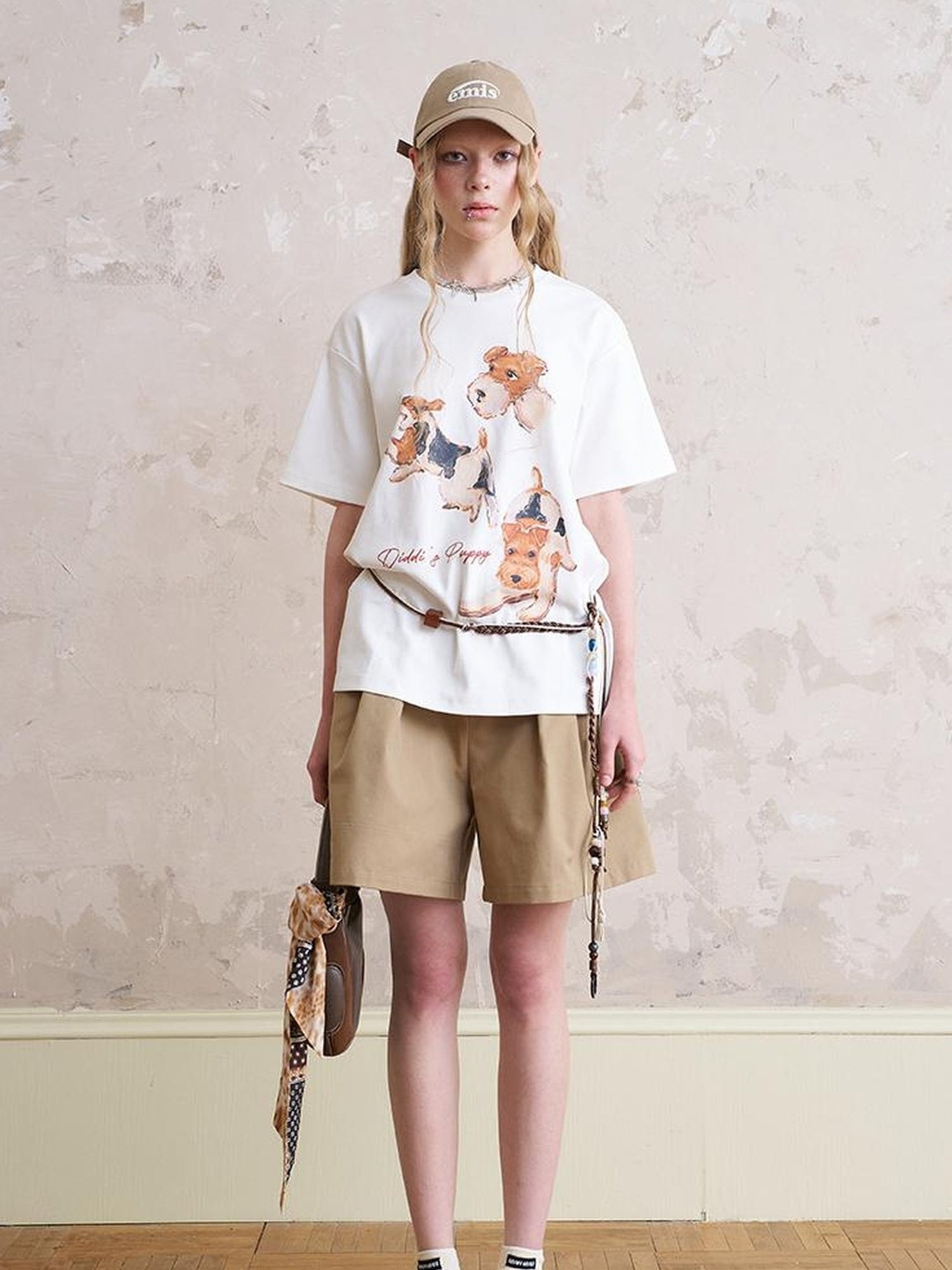 DIDDI MODA Funny Puppy Print Loose T Shirt With Layered Pants Set