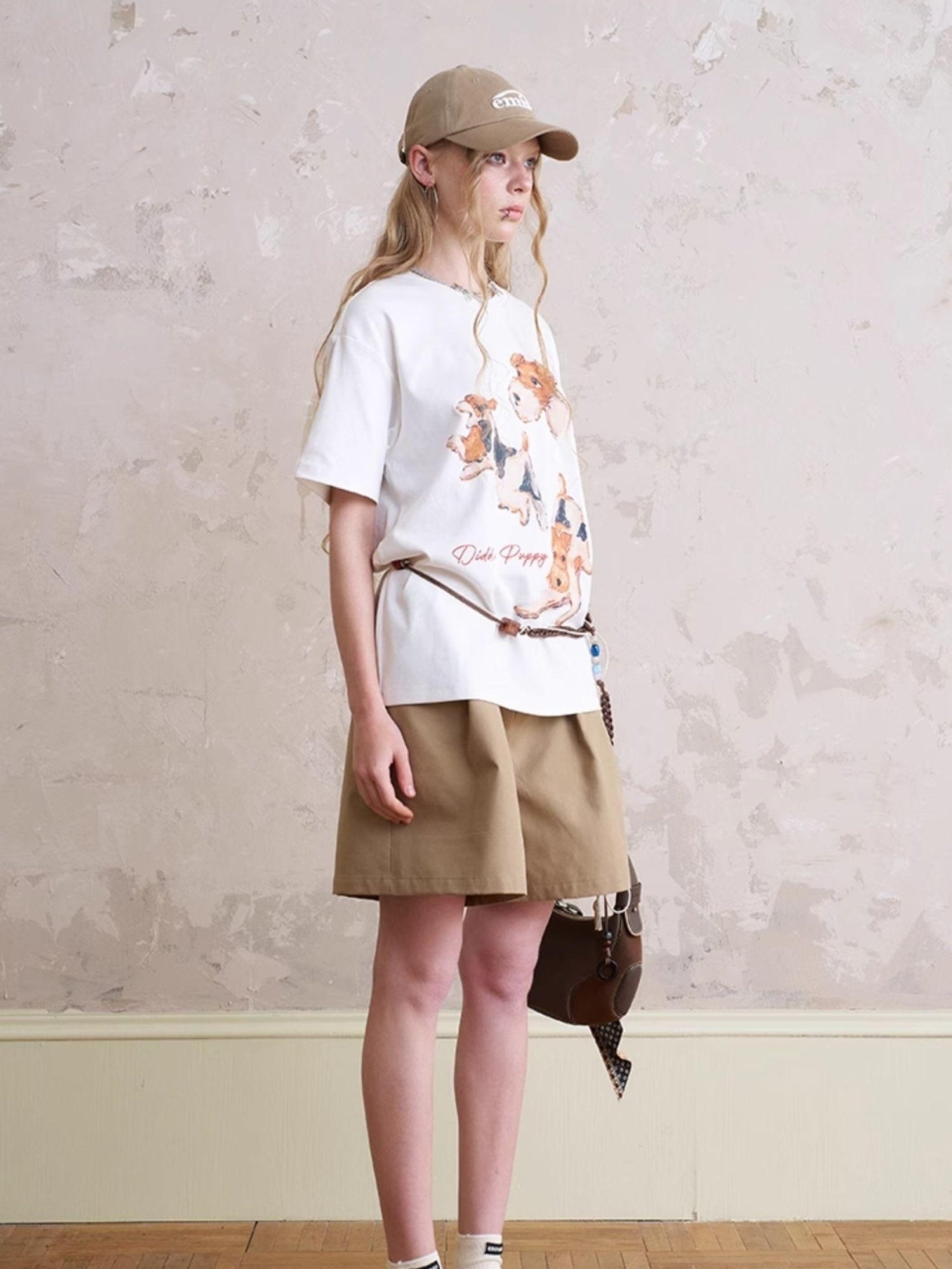 DIDDI MODA Funny Puppy Print Loose T Shirt With Layered Pants Set