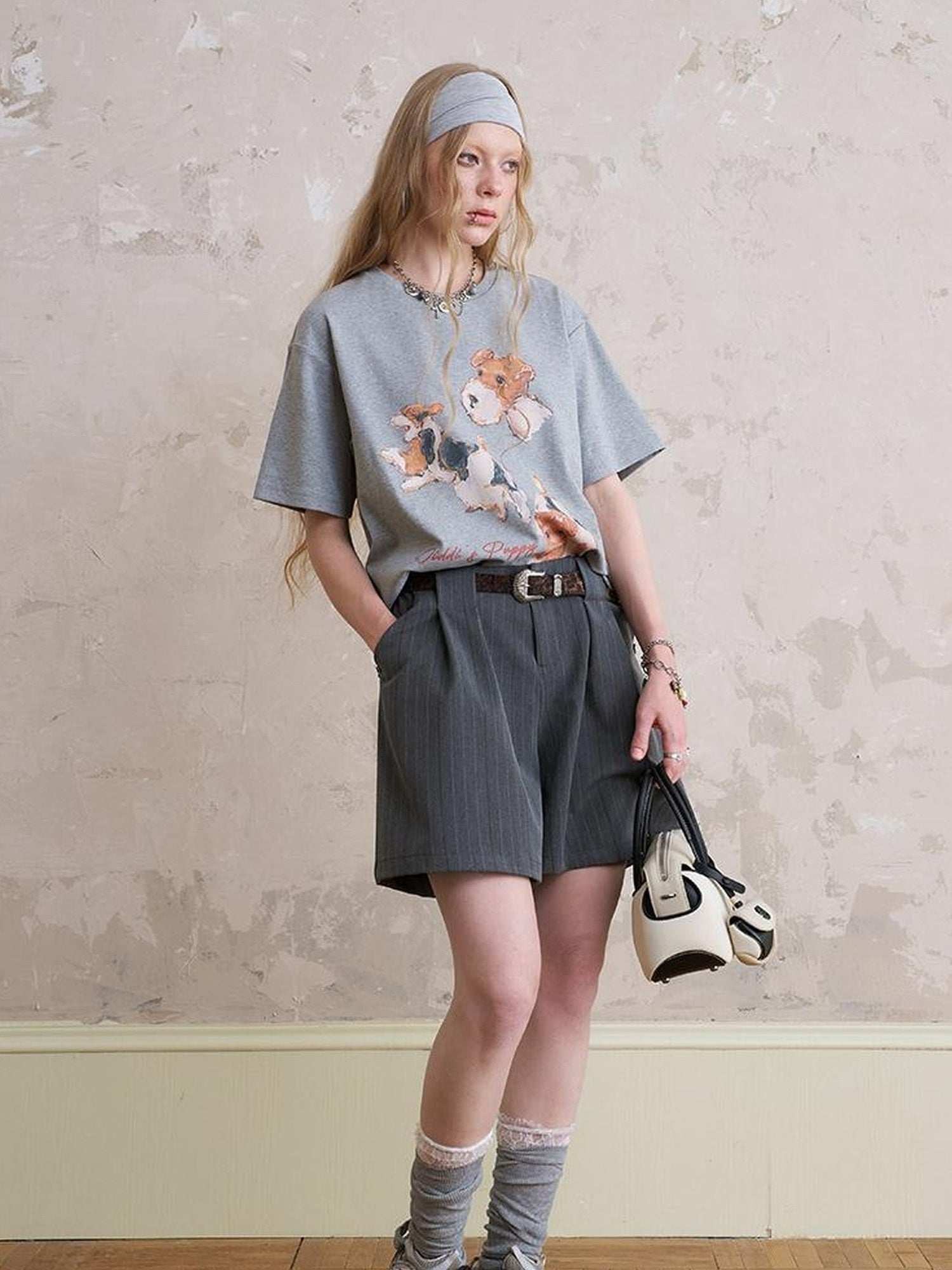 DIDDI MODA Funny Puppy Print Loose T Shirt With Layered Pants Set