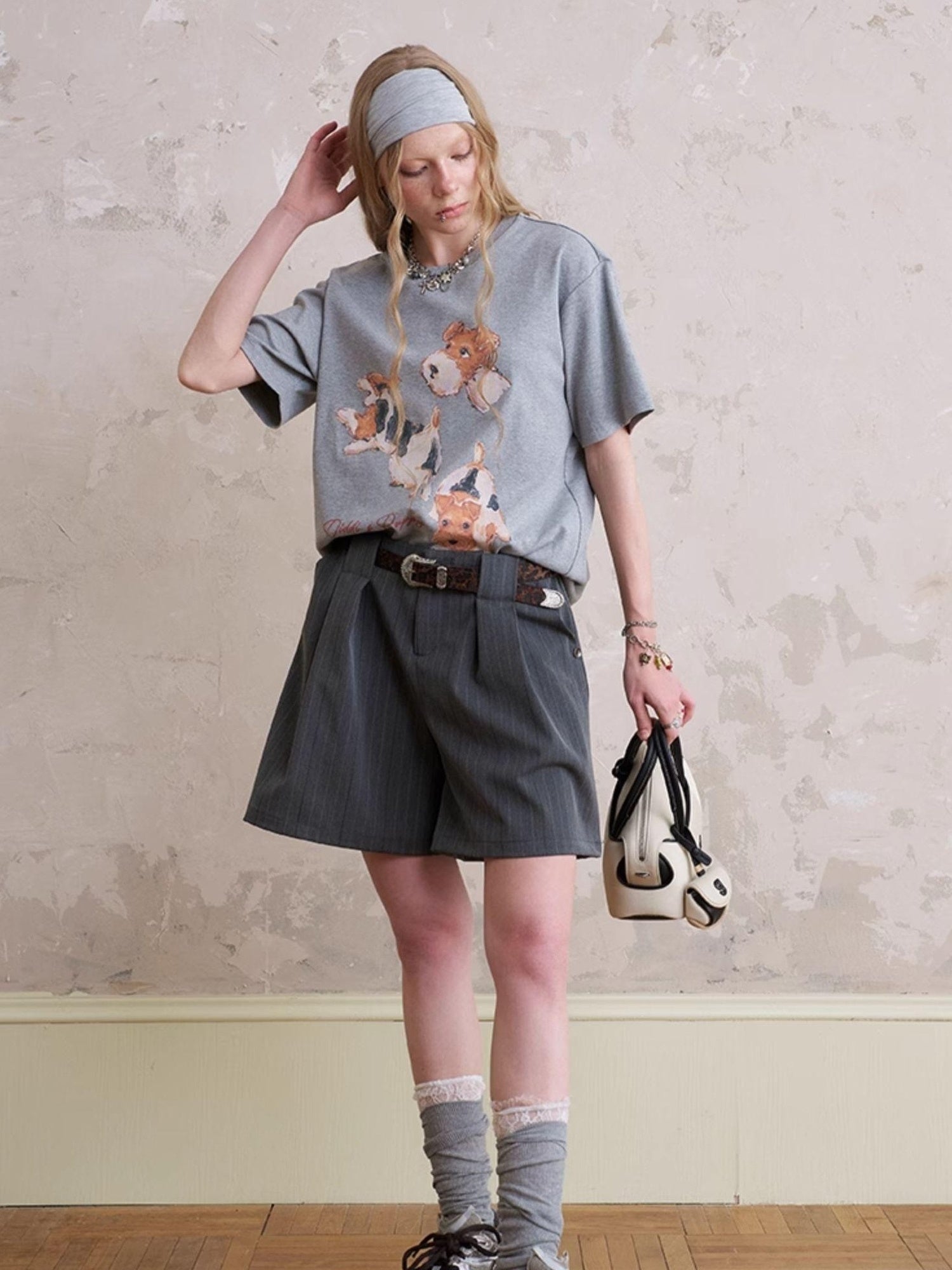 DIDDI MODA Funny Puppy Print Loose T Shirt With Layered Pants Set