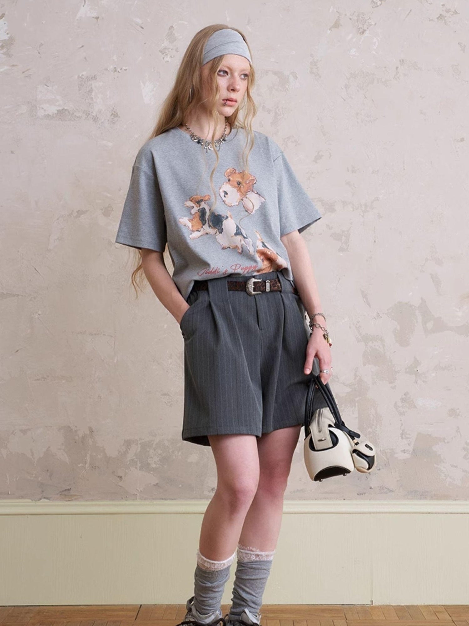 DIDDI MODA Funny Puppy Print Loose T Shirt With Layered Pants Set