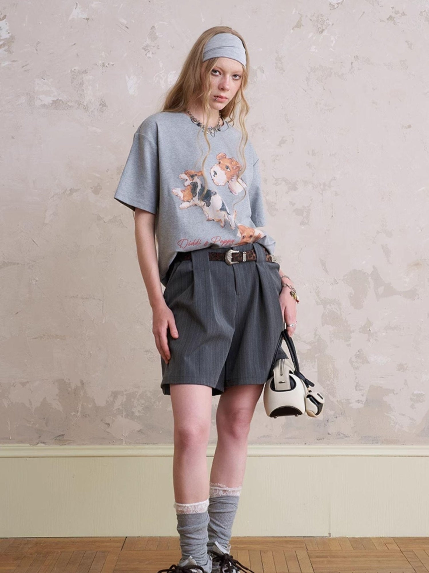 DIDDI MODA Funny Puppy Print Loose T Shirt With Layered Pants Set